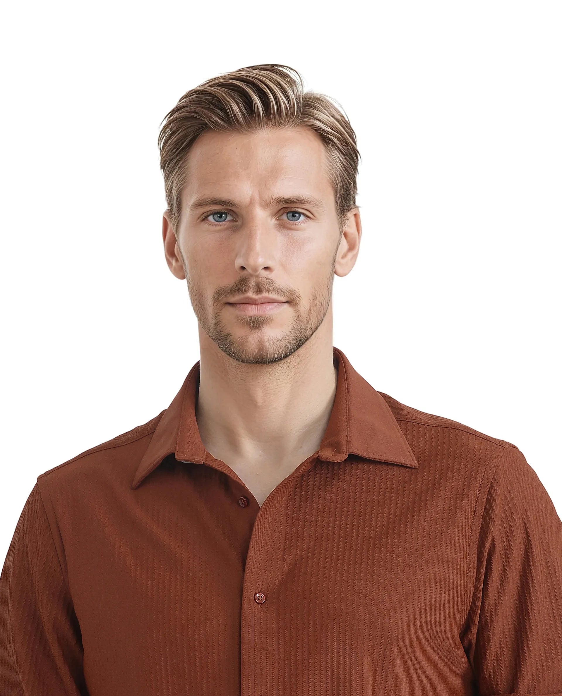 Rare Rabbit Men's Exclo Rust Polyester Fabric Full Sleeves Collared Neck Jacquard Knit Shirt