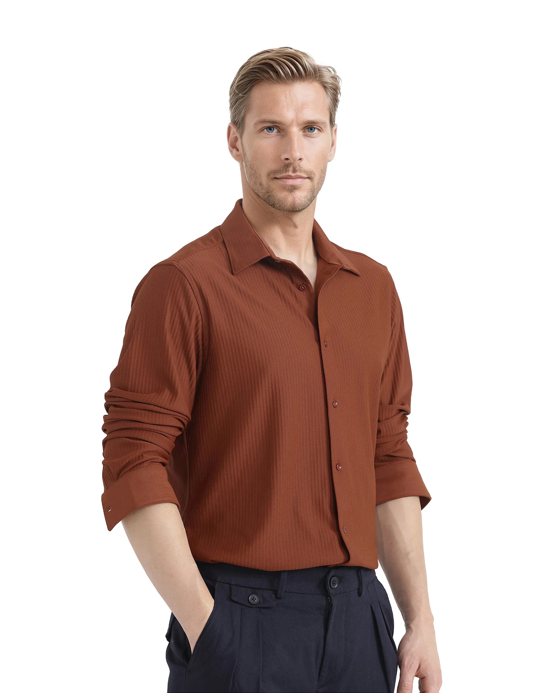 Rare Rabbit Men's Exclo Rust Polyester Fabric Full Sleeves Collared Neck Jacquard Knit Shirt