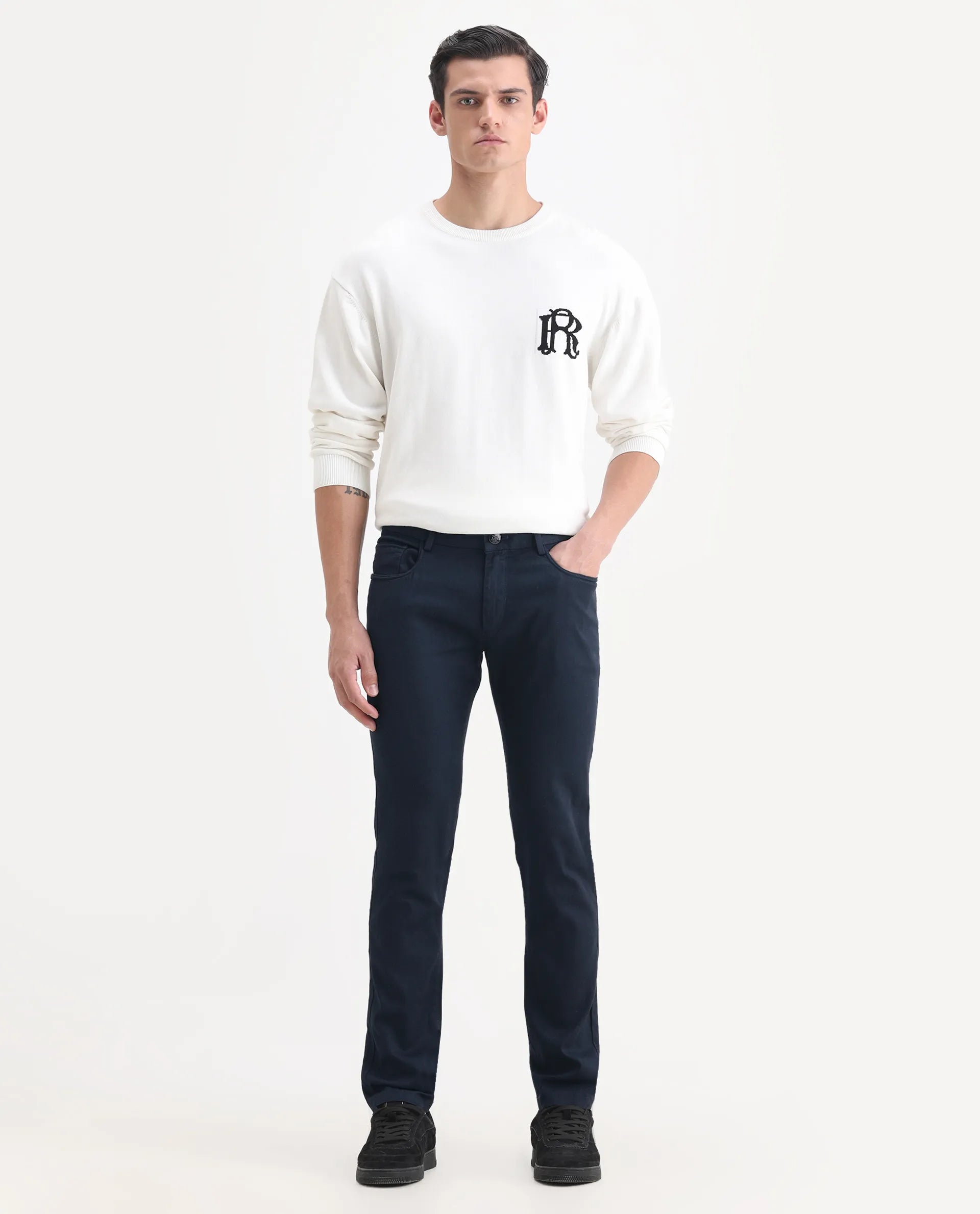 Rare Rabbit Men's Expore Navy Linen Blend Plain Regular Fit Trouser