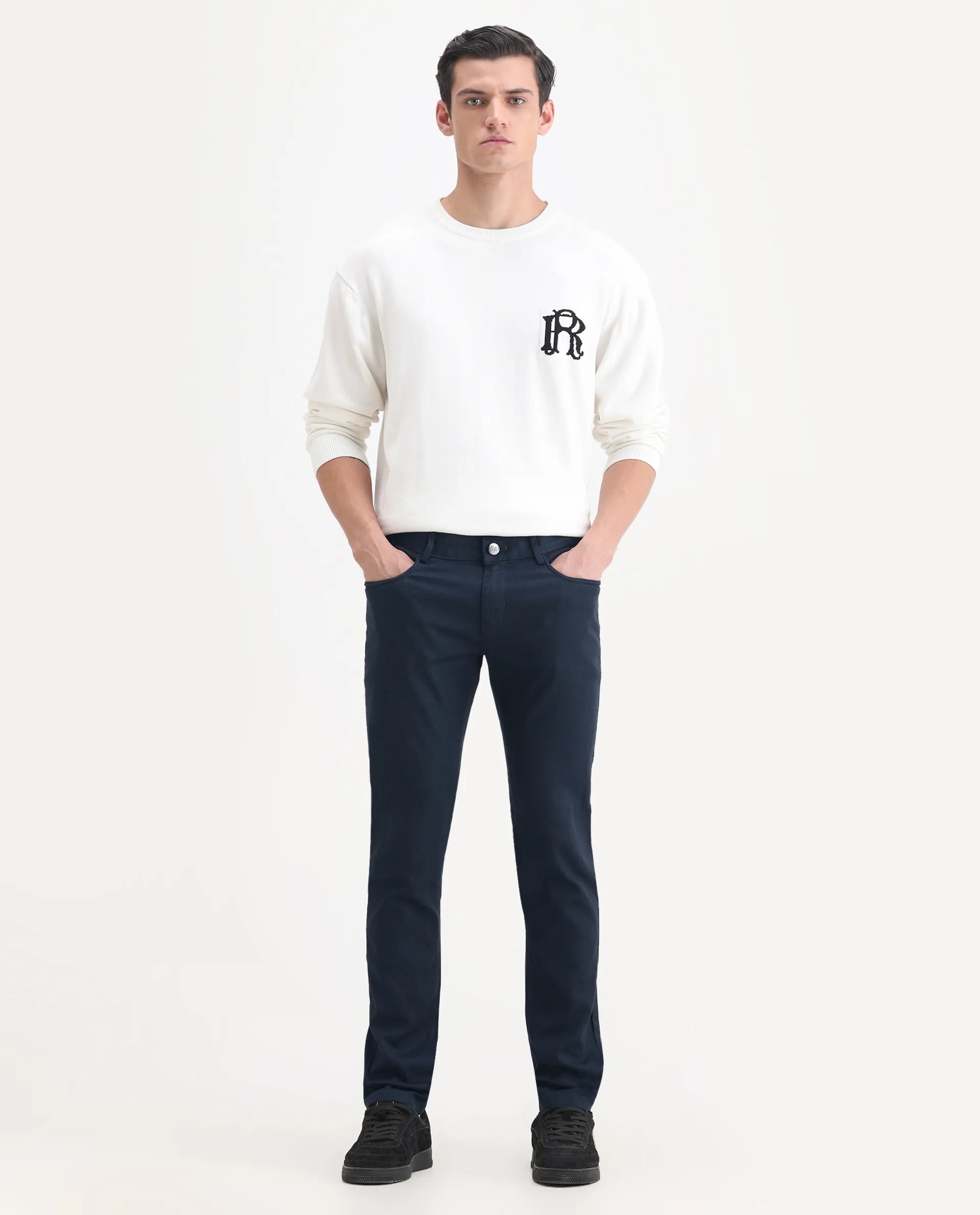 Rare Rabbit Men's Expore Navy Linen Blend Plain Regular Fit Trouser