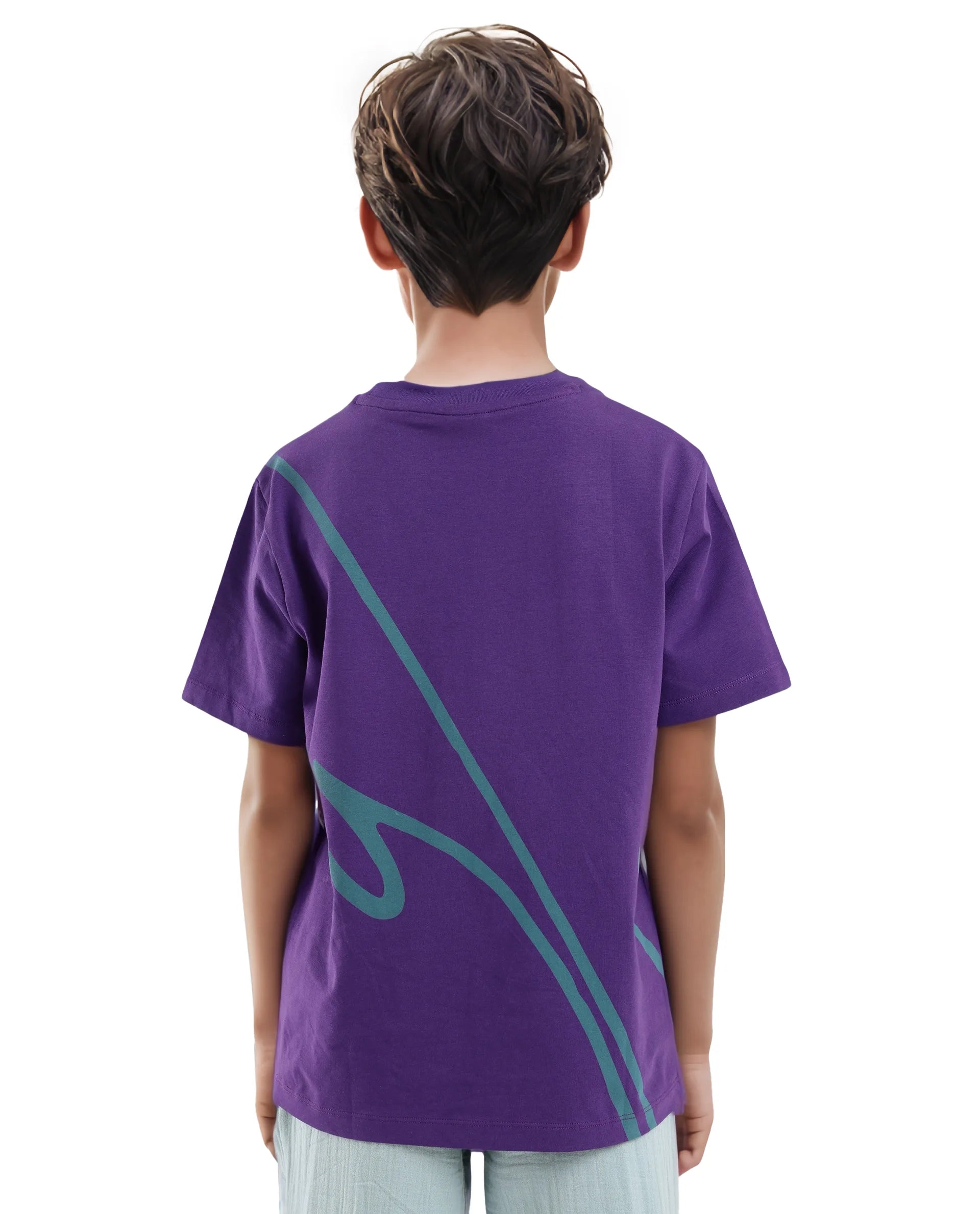 Rare Ones Kids Ezon Dark Purple Cotton Fabric Half Sleeves Crew Neck Graphic Signature Print T-Shirt