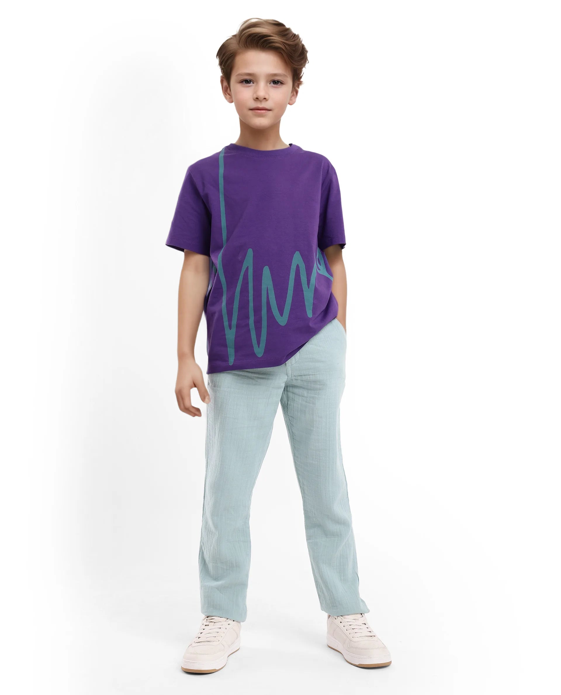 Rare Ones Kids Ezon Dark Purple Cotton Fabric Half Sleeves Crew Neck Graphic Signature Print T-Shirt