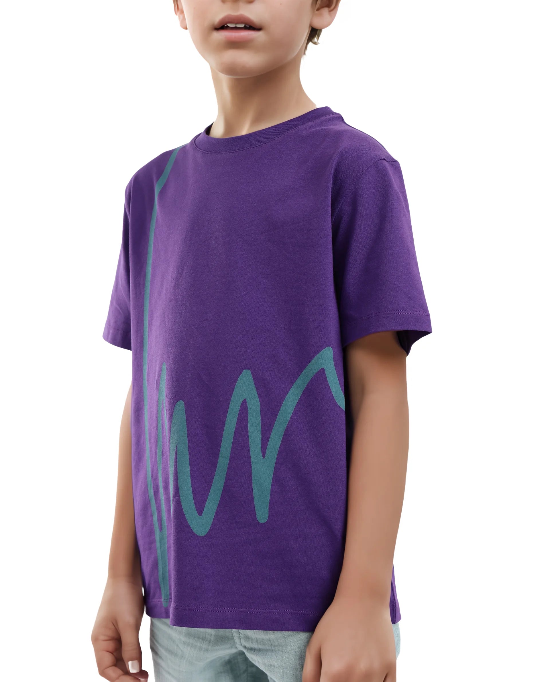 Rare Ones Kids Ezon Dark Purple Cotton Fabric Half Sleeves Crew Neck Graphic Signature Print T-Shirt