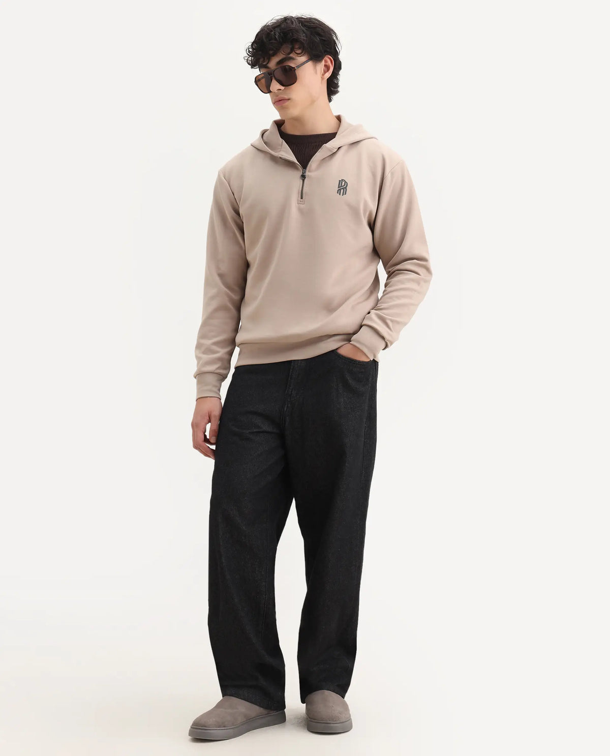 Rare Rabbit Men's Ezra Beige Cotton Blend Fabric Full Sleeve Hooded Graphic Print Sweatshirt
