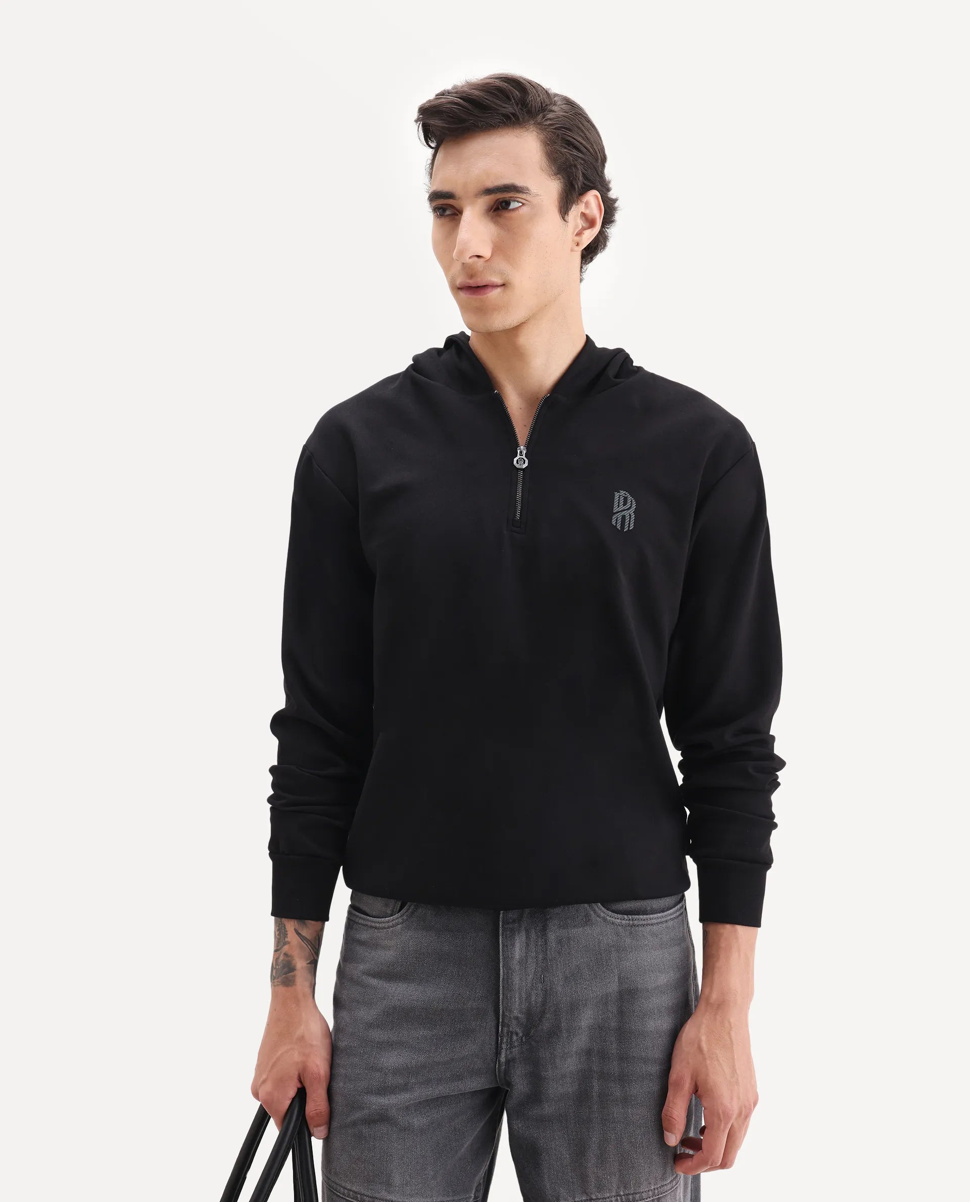 Rare Rabbit Men's Ezra Black Cotton Blend Fabric Full Sleeve Hooded Graphic Print Sweatshirt
