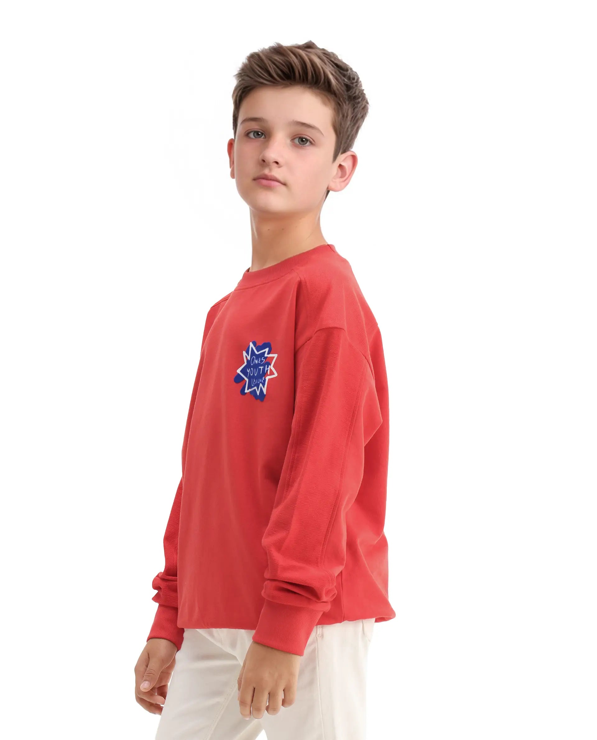 Rare Ones Kids Ezra Red Cotton Slip-On Full Sleeves Crew Neck Pigment Print Oversized Sweatshirt