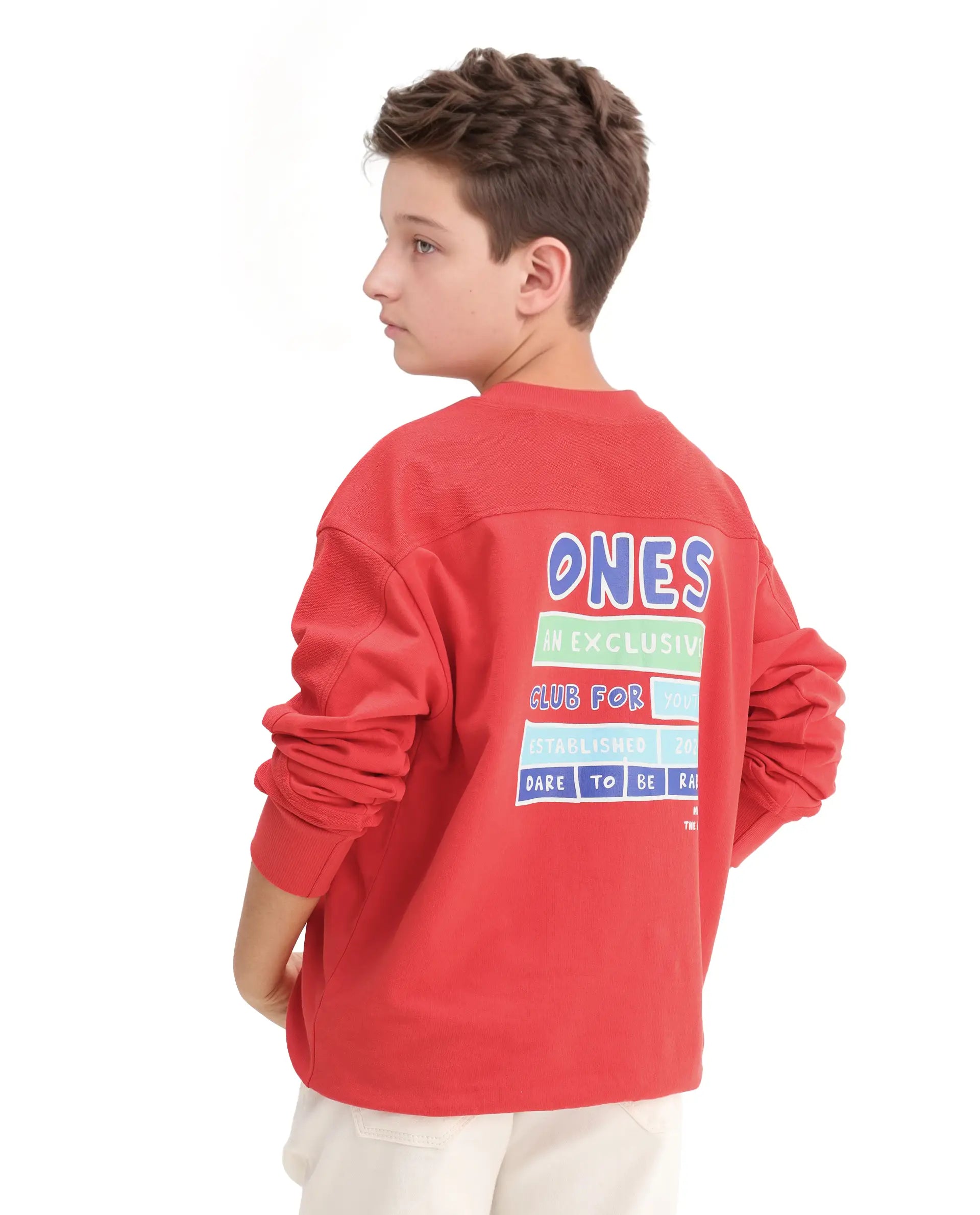 Rare Ones Kids Ezra Red Cotton Slip-On Full Sleeves Crew Neck Pigment Print Oversized Sweatshirt