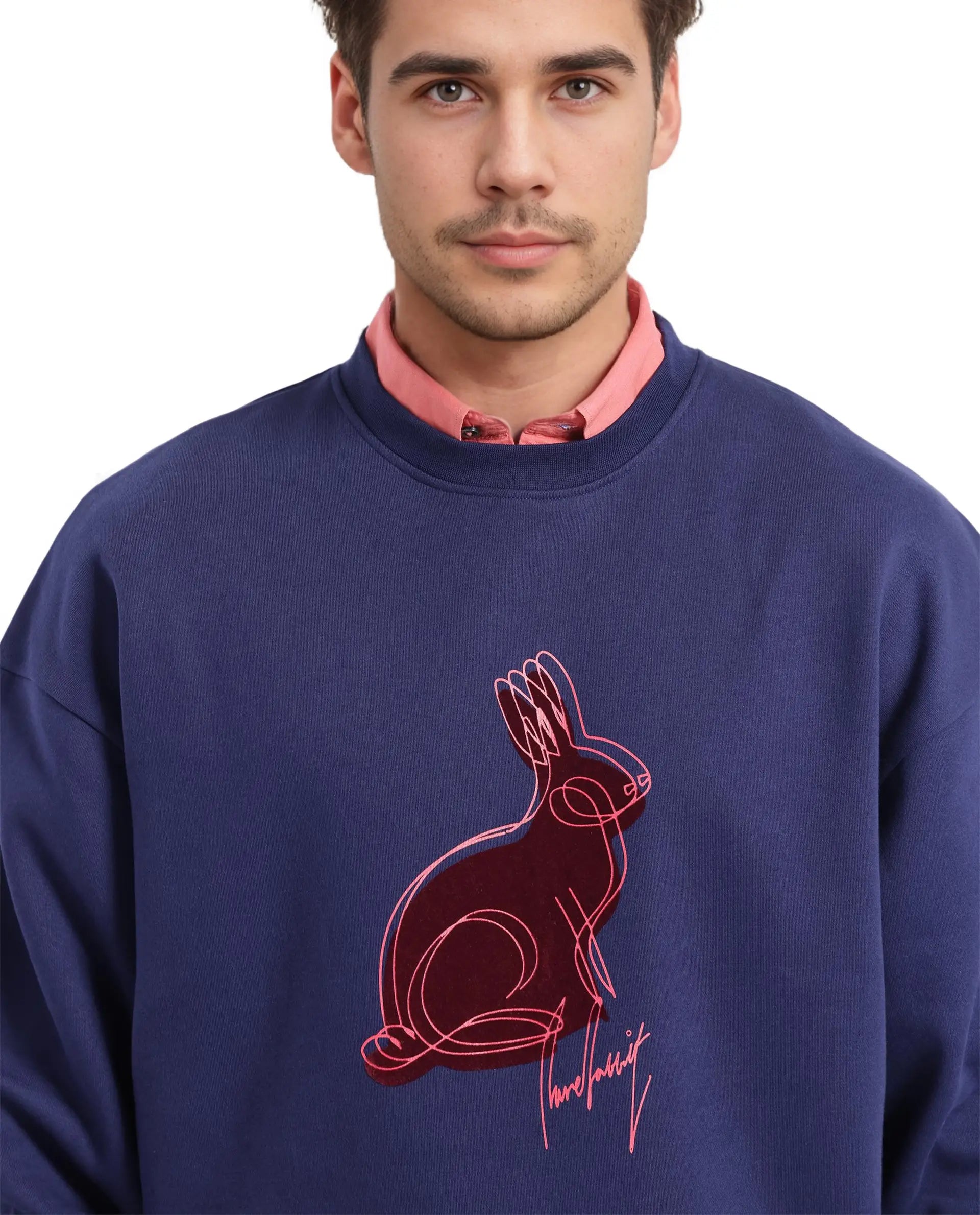 Rare Rabbit Men Ezy Navy Cotton Polyester Fabric Full Sleeve Crew Neck Boxy Fit Animal Print Sweatshirt