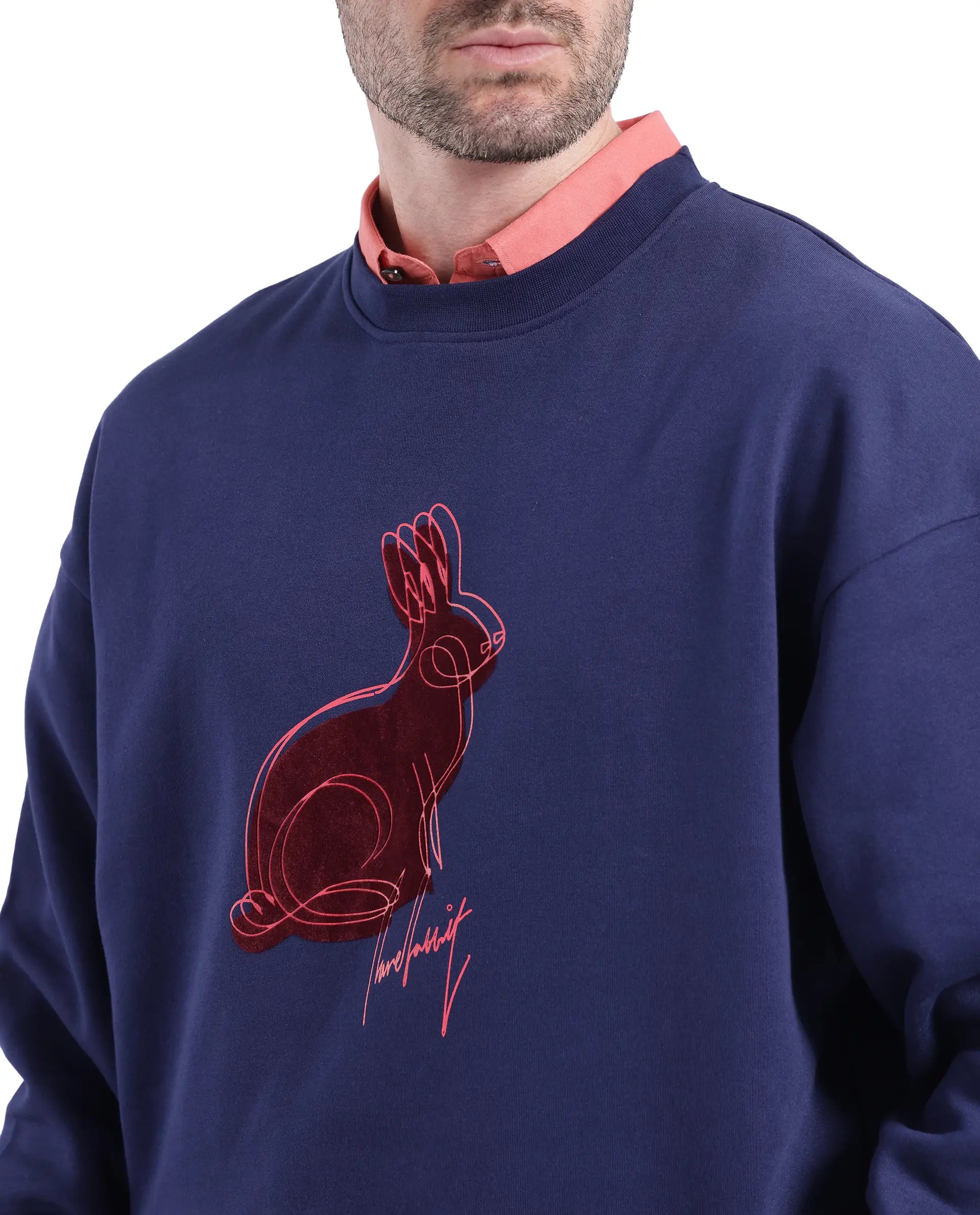 Rare Rabbit Men Ezy Navy Cotton Polyester Fabric Full Sleeve Crew Neck Boxy Fit Animal Print Sweatshirt