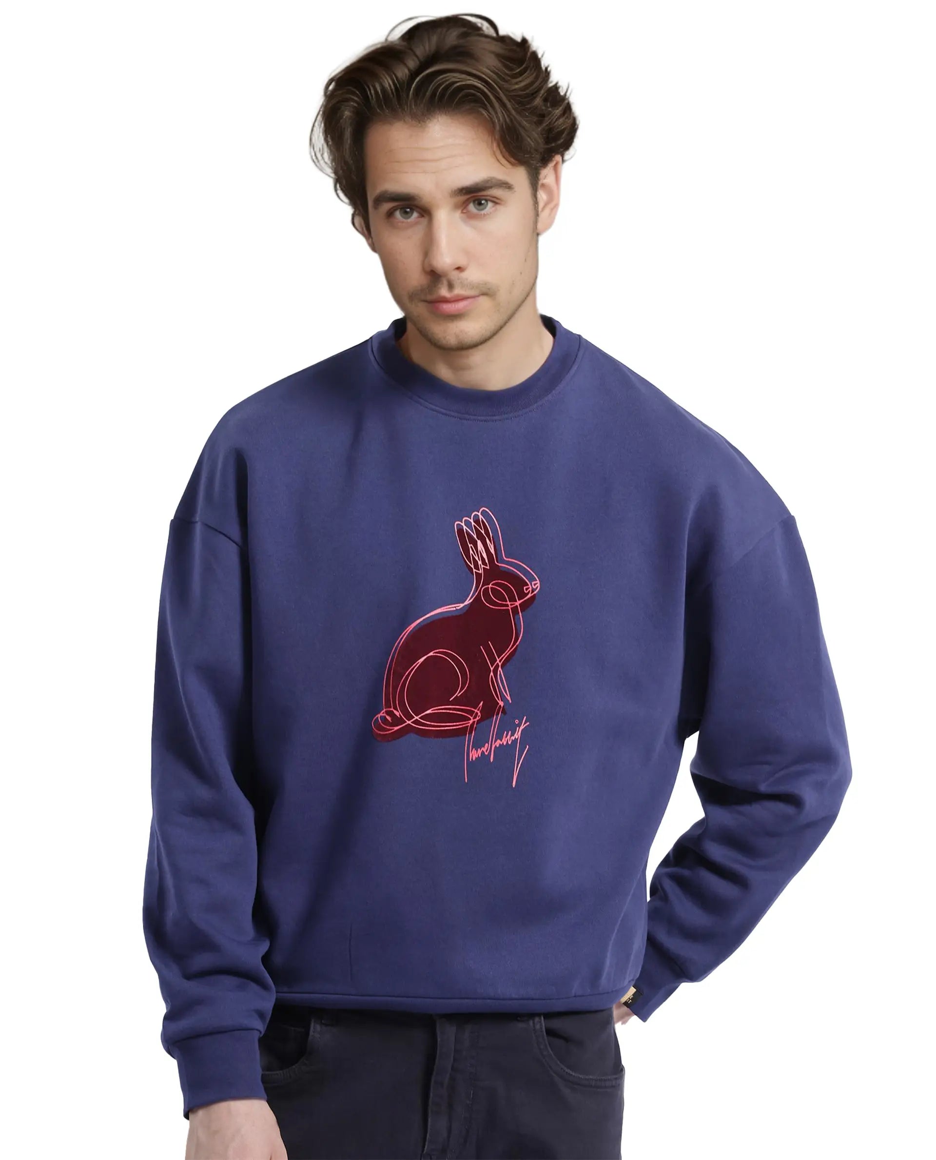 Rare Rabbit Men Ezy Navy Cotton Polyester Fabric Full Sleeve Crew Neck Boxy Fit Animal Print Sweatshirt