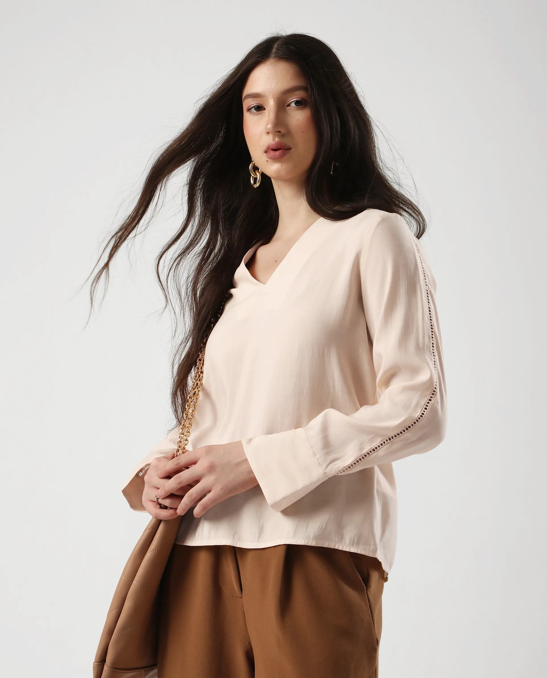 Rareism Women's Elani Beige Viscose Blend V-Neck Regular Fit Plain Top