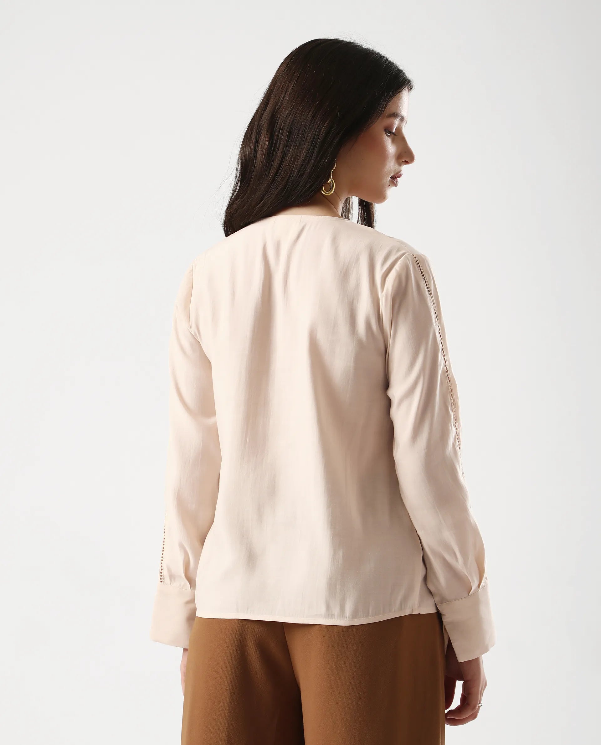 Rareism Women's Elani Beige Viscose Blend V-Neck Regular Fit Plain Top