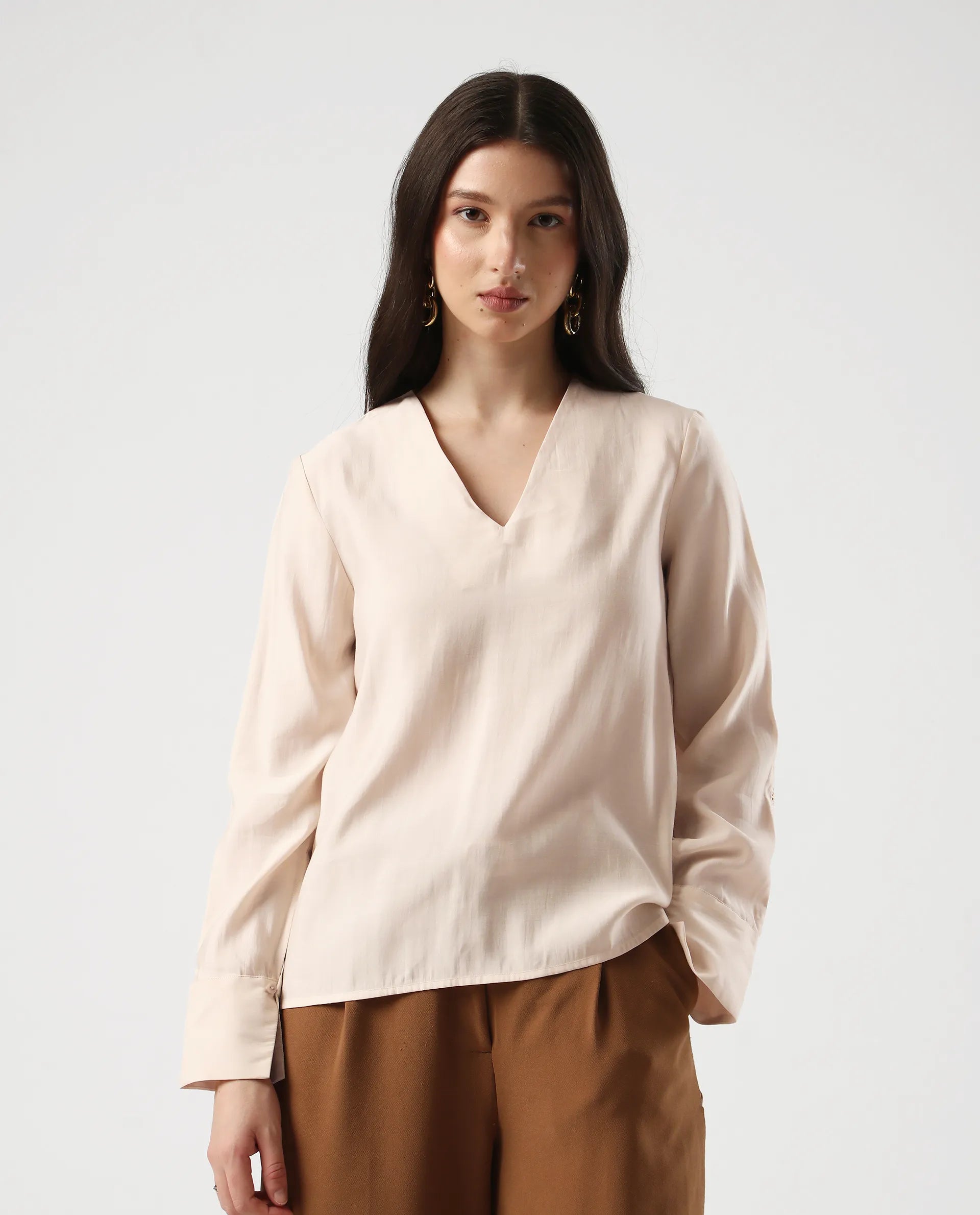 Rareism Women's Elani Beige Viscose Blend V-Neck Regular Fit Plain Top