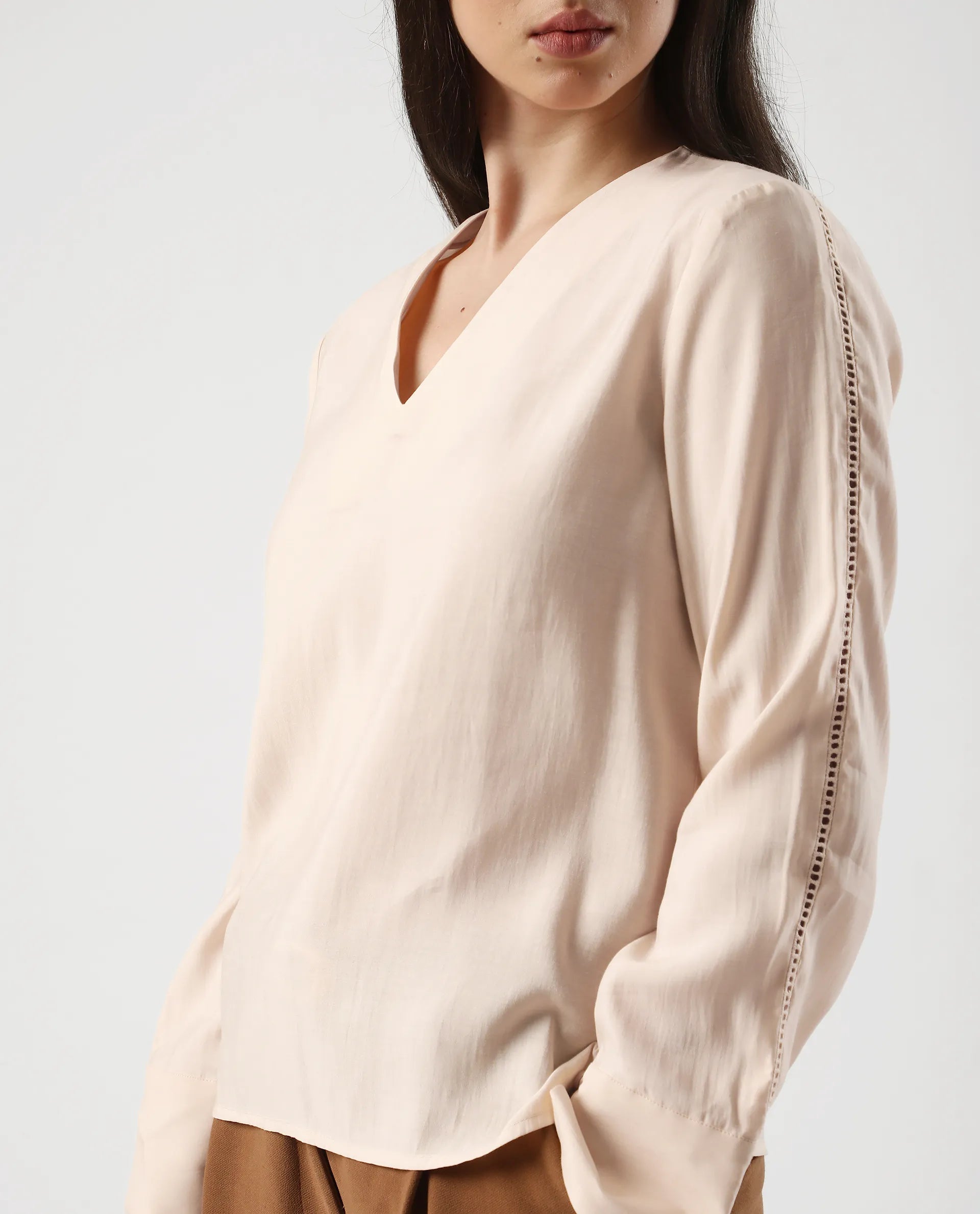 Rareism Women's Elani Beige Viscose Blend V-Neck Regular Fit Plain Top