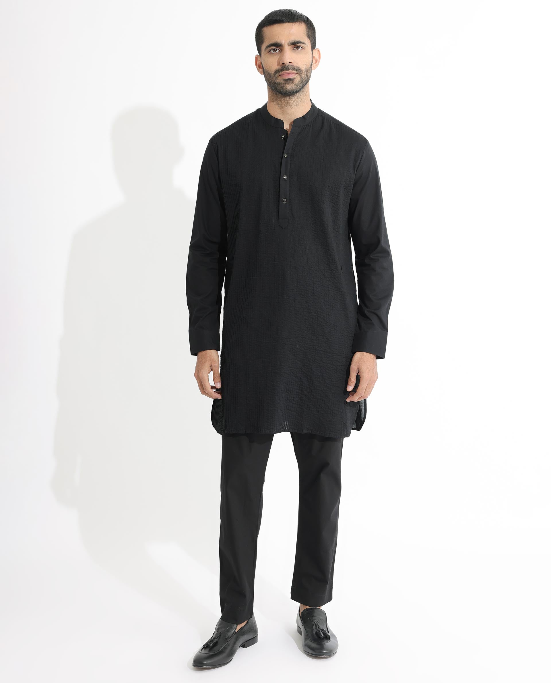 Rare Rabbit Men's Ethnic Black Cotton Fabric Mandarin Collar Full Sleeves Pintuck Kurta