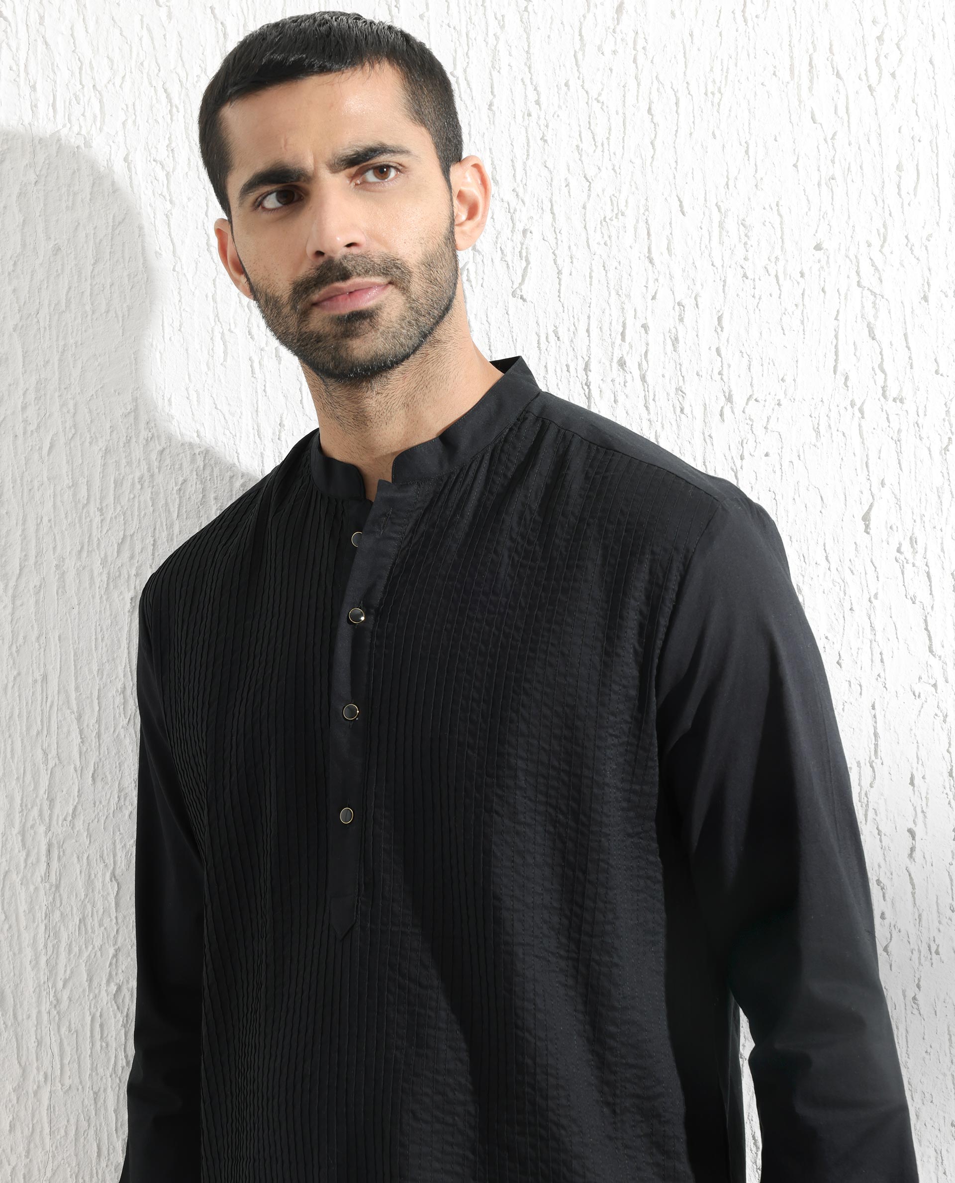 Rare Rabbit Men's Ethnic Black Cotton Fabric Mandarin Collar Full Sleeves Pintuck Kurta