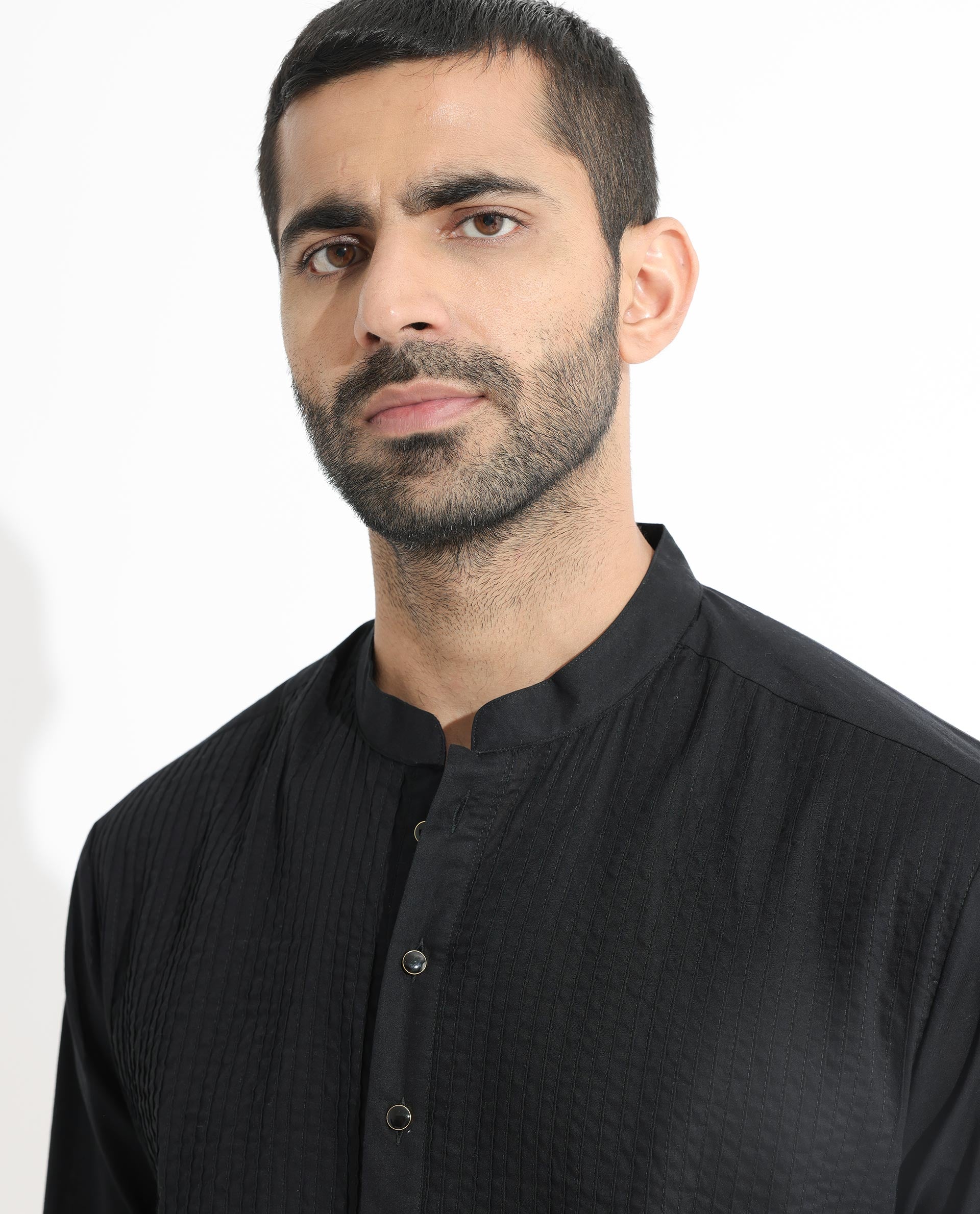 Rare Rabbit Men's Ethnic Black Cotton Fabric Mandarin Collar Full Sleeves Pintuck Kurta