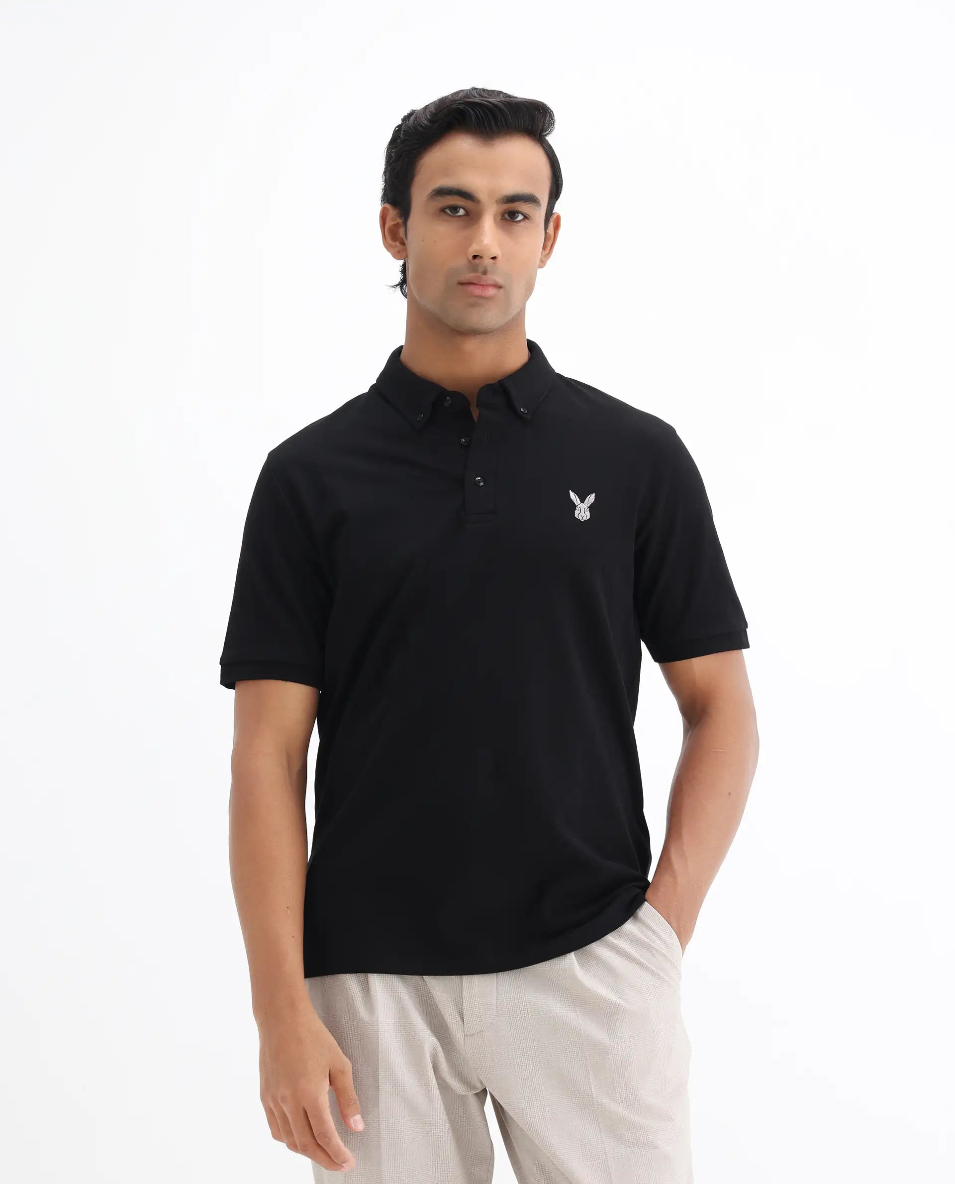 Rare Rabbit Men's Face Black Cotton Embroidered Regular Fit Half Sleeve Polo