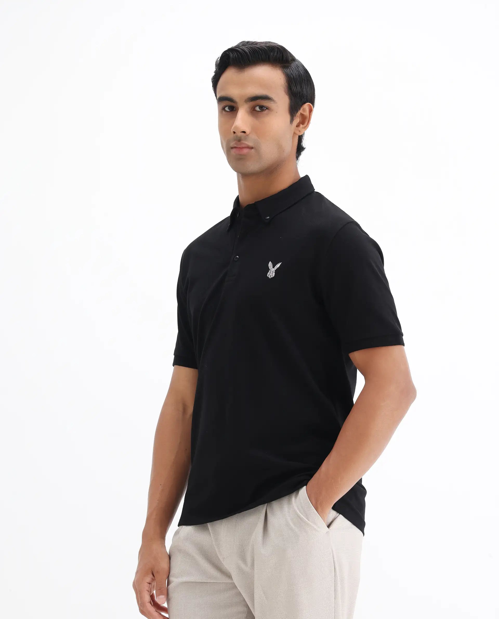 Rare Rabbit Men's Face Black Cotton Embroidered Regular Fit Half Sleeve Polo