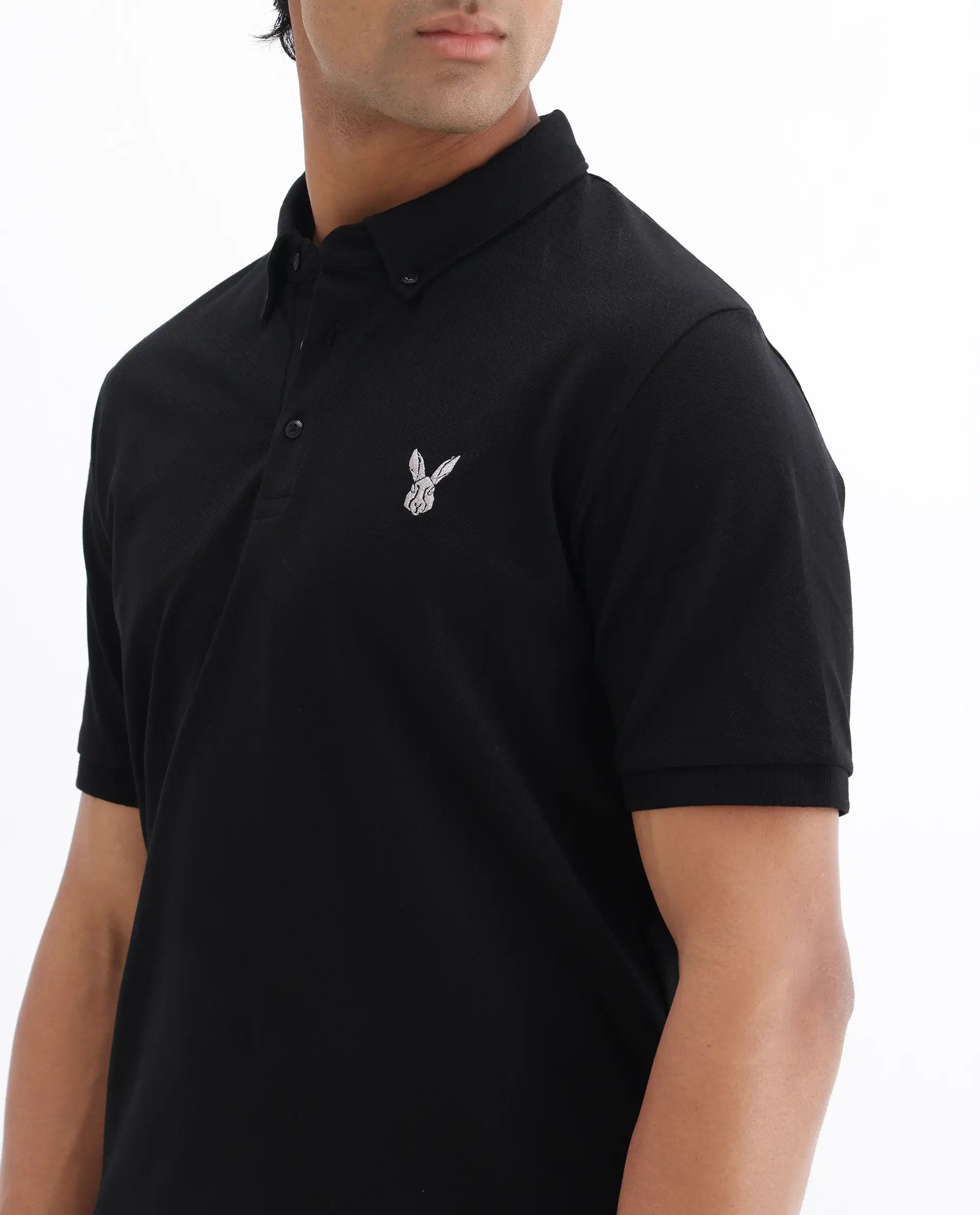 Rare Rabbit Men's Face Black Cotton Embroidered Regular Fit Half Sleeve Polo
