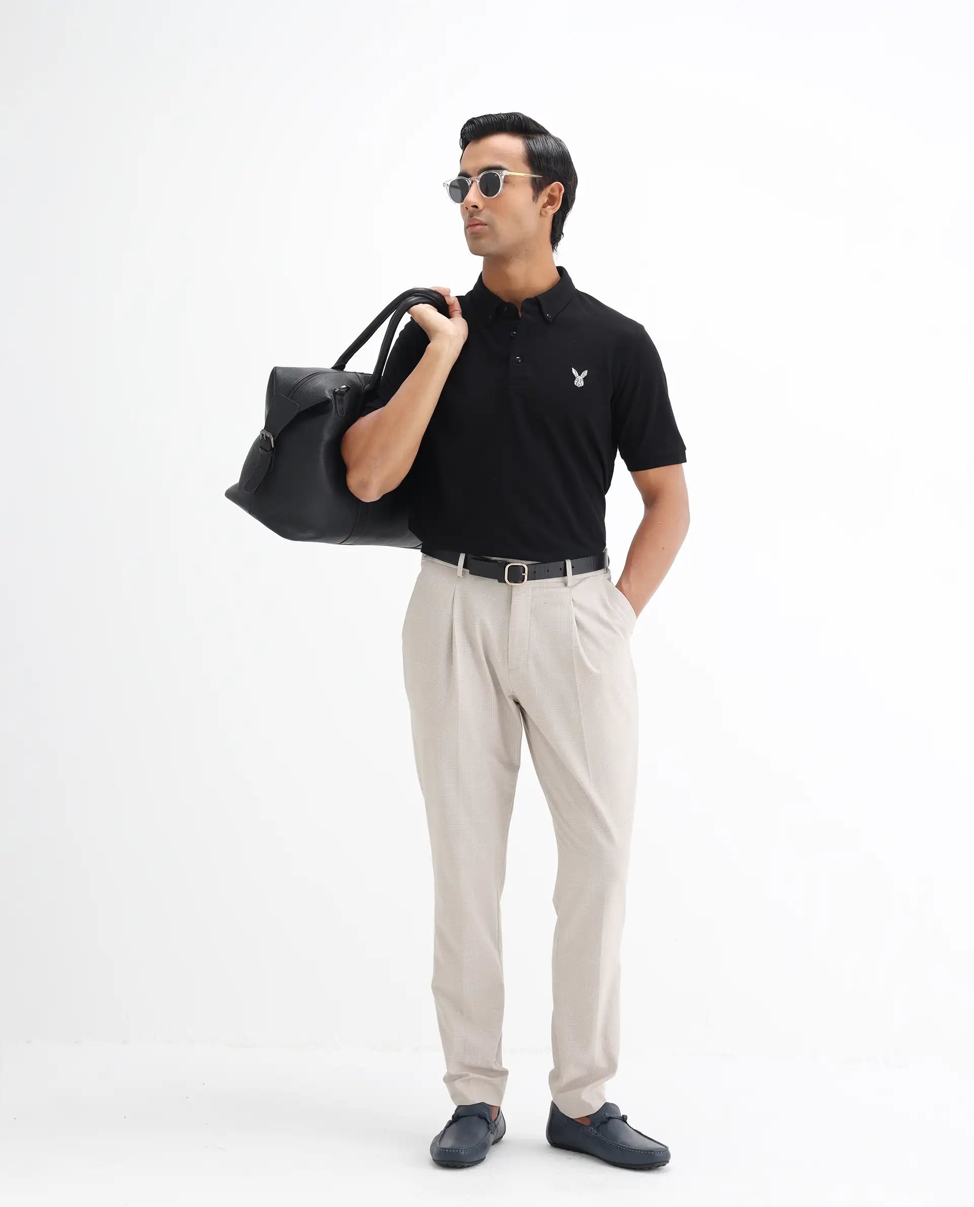 Rare Rabbit Men's Face Black Cotton Embroidered Regular Fit Half Sleeve Polo