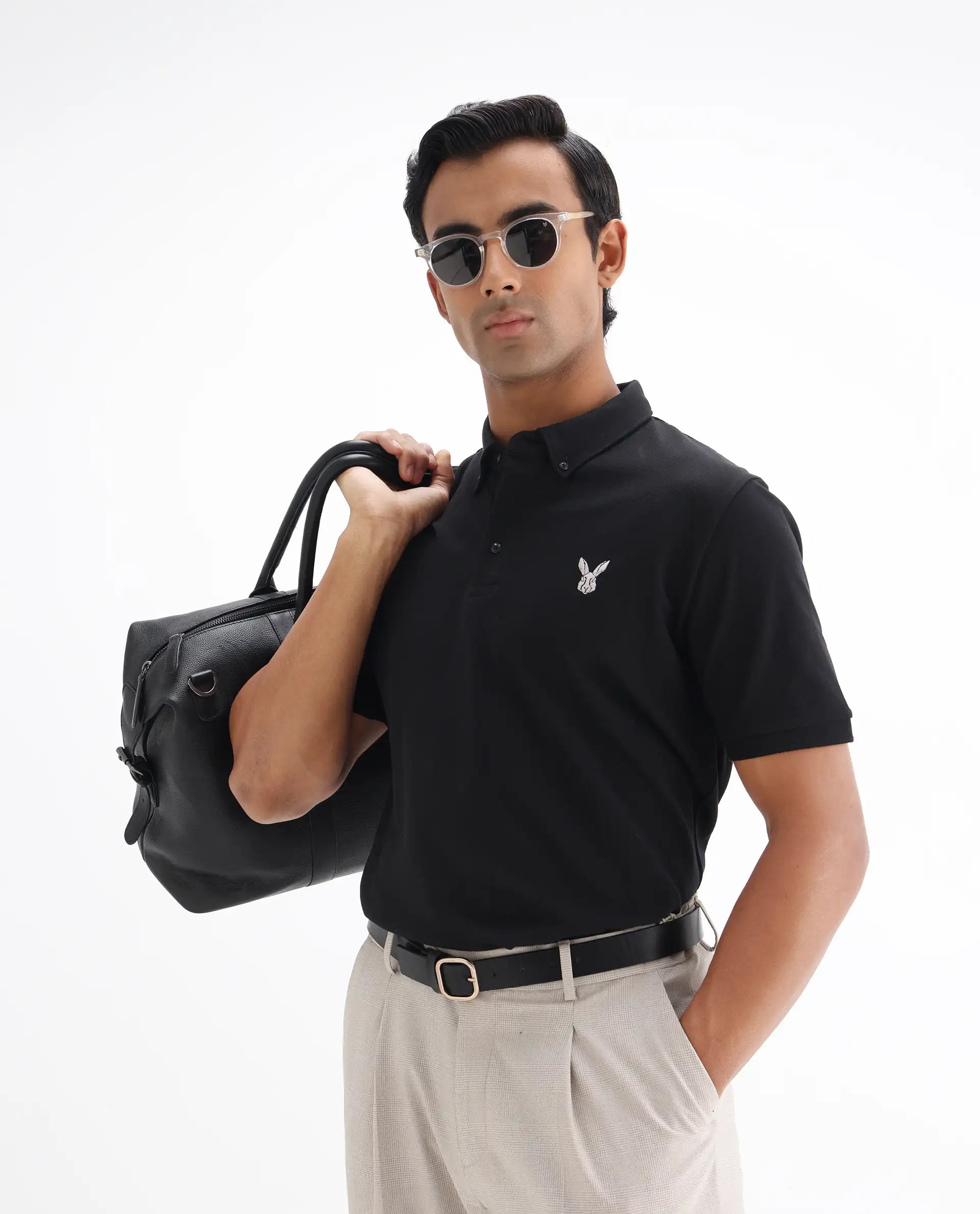 Rare Rabbit Men's Face Black Cotton Embroidered Regular Fit Half Sleeve Polo