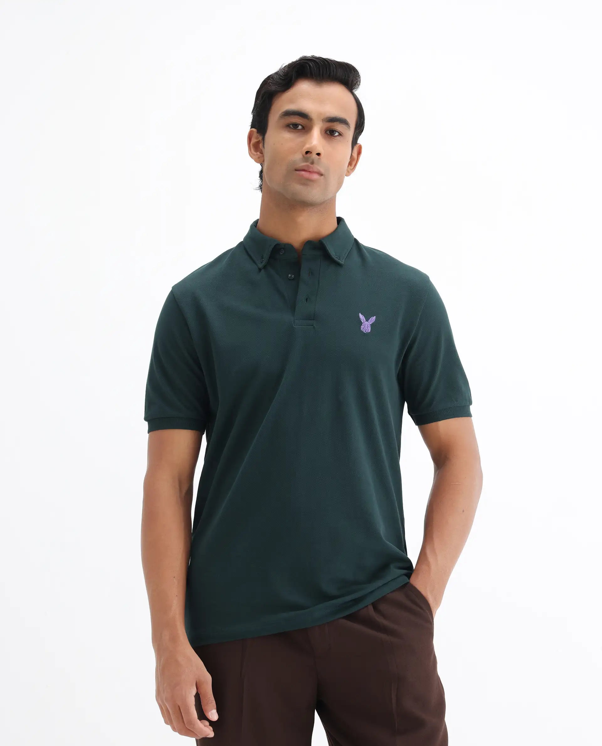 Rare Rabbit Men's Face Dark Green Cotton Embroidered Regular Fit Half Sleeve Polo