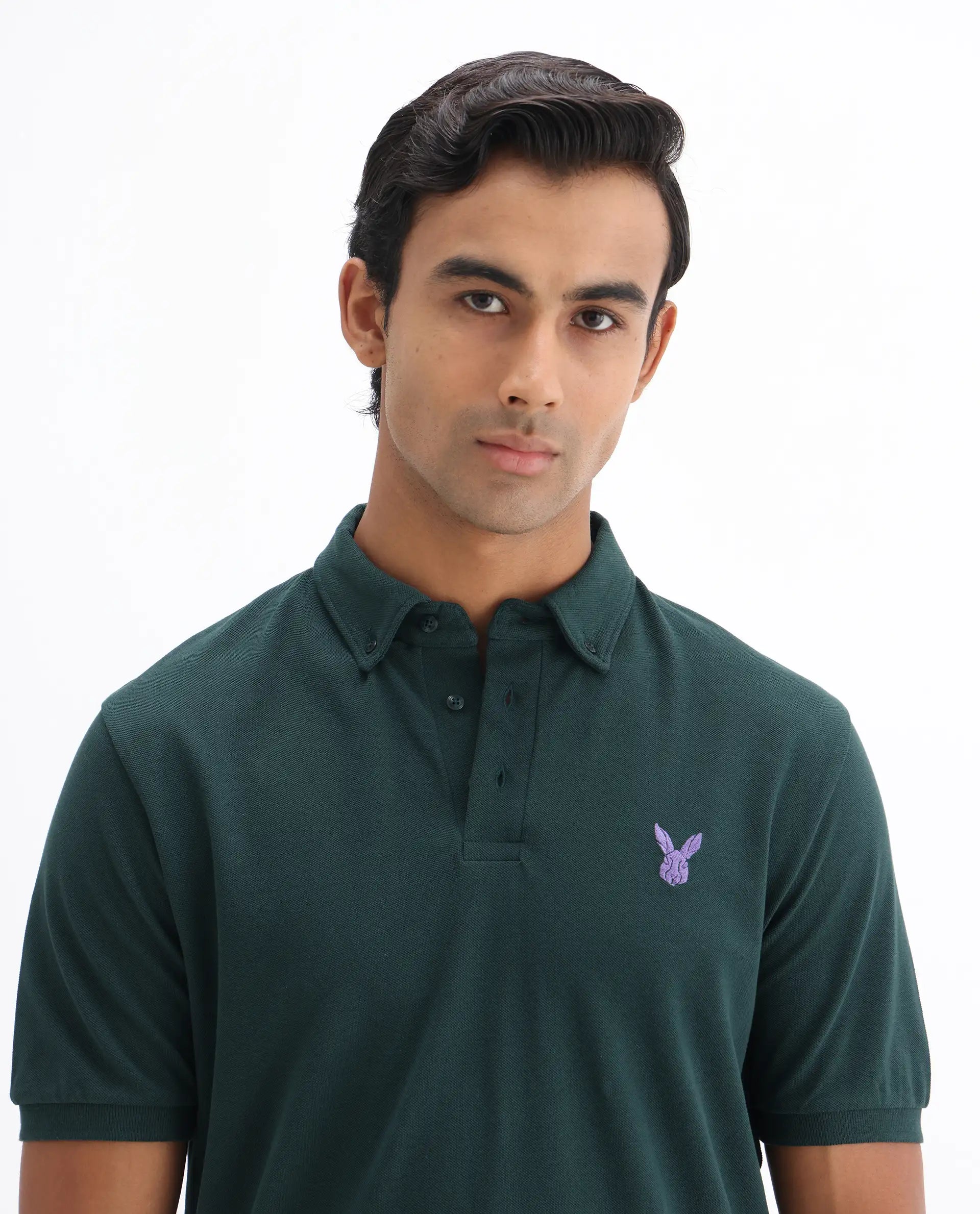 Rare Rabbit Men's Face Dark Green Cotton Embroidered Regular Fit Half Sleeve Polo