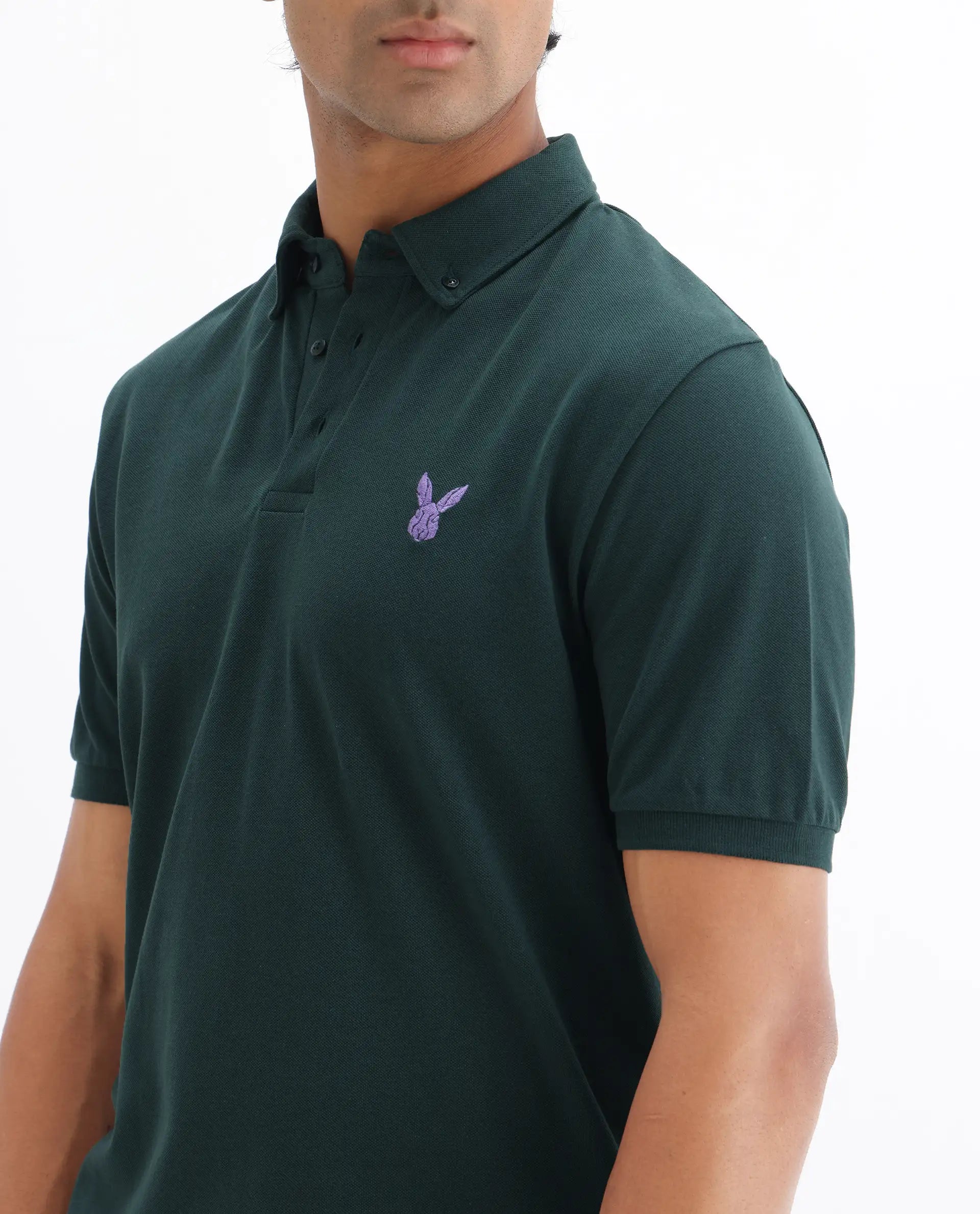 Rare Rabbit Men's Face Dark Green Cotton Embroidered Regular Fit Half Sleeve Polo