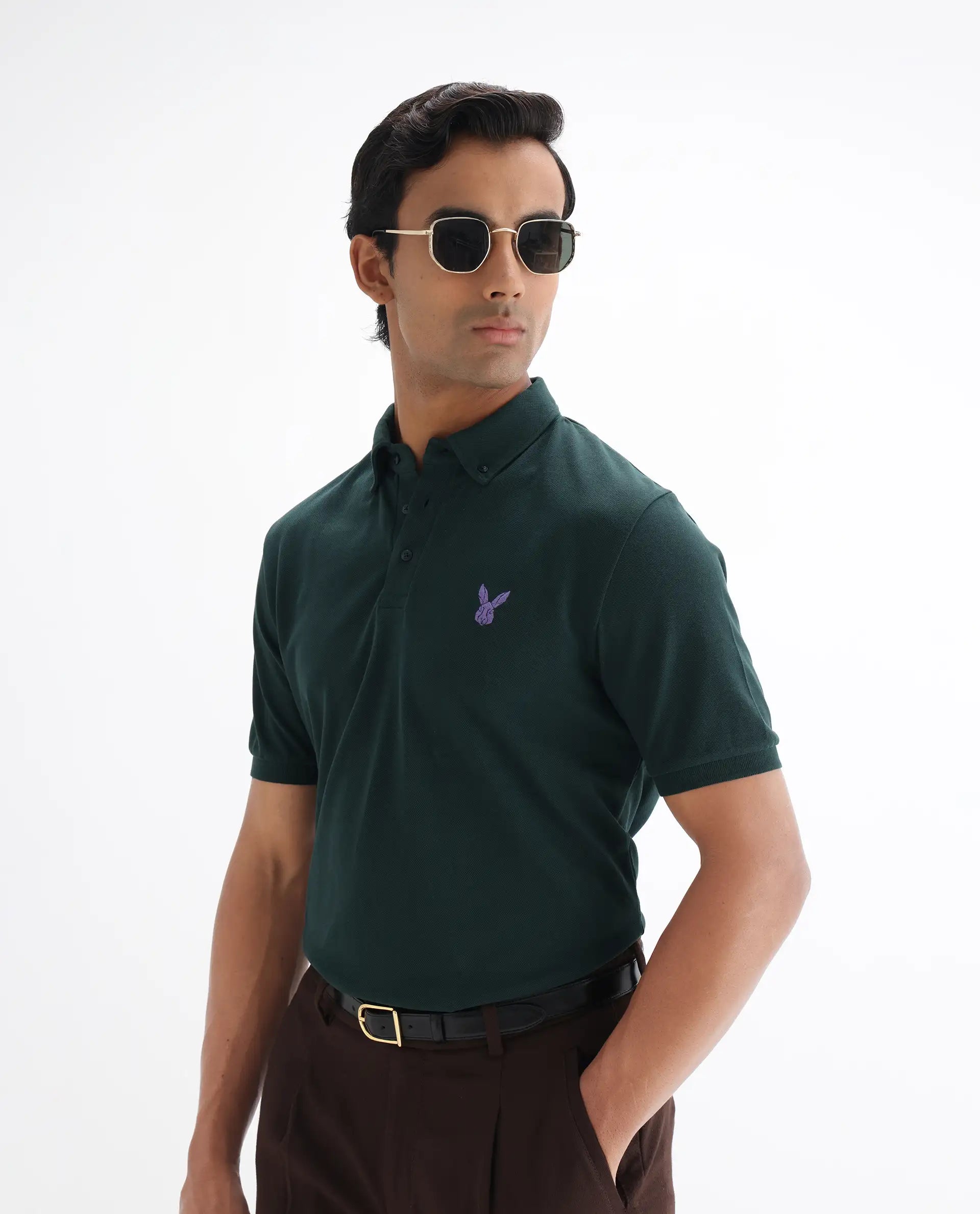 Rare Rabbit Men's Face Dark Green Cotton Embroidered Regular Fit Half Sleeve Polo