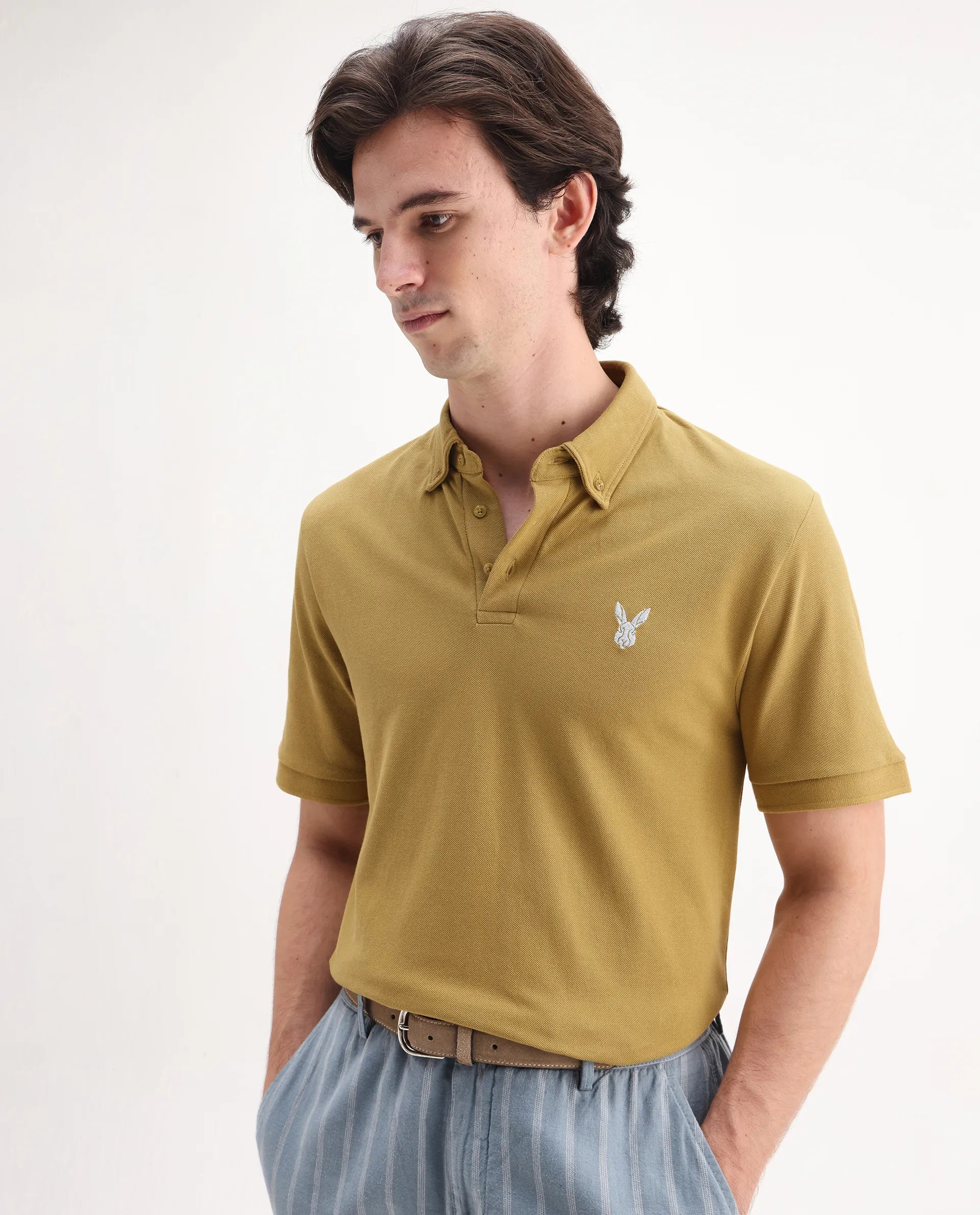 Rare Rabbit Men's Face Dusky Yellow Cotton Embroidered Regular Fit Half Sleeve Polo