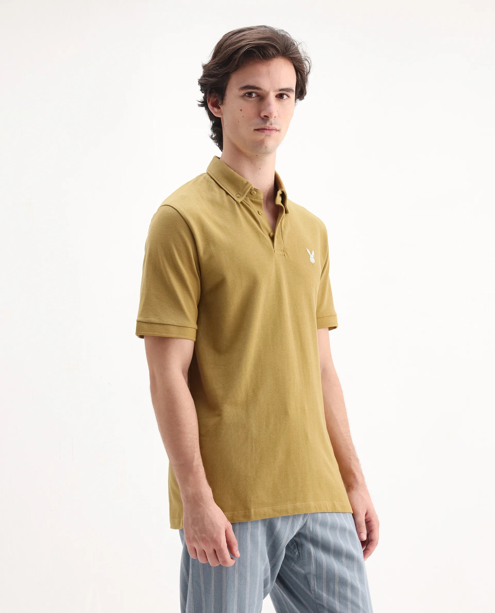 Rare Rabbit Men's Face Dusky Yellow Cotton Embroidered Regular Fit Half Sleeve Polo