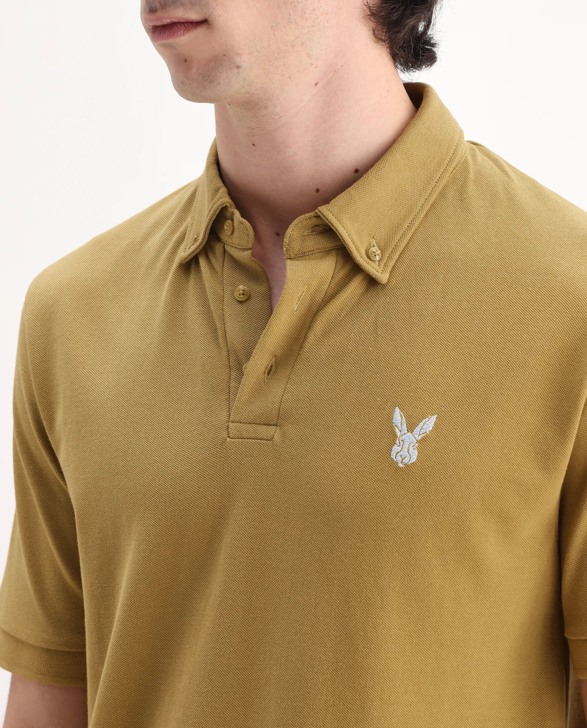 Rare Rabbit Men's Face Dusky Yellow Cotton Embroidered Regular Fit Half Sleeve Polo