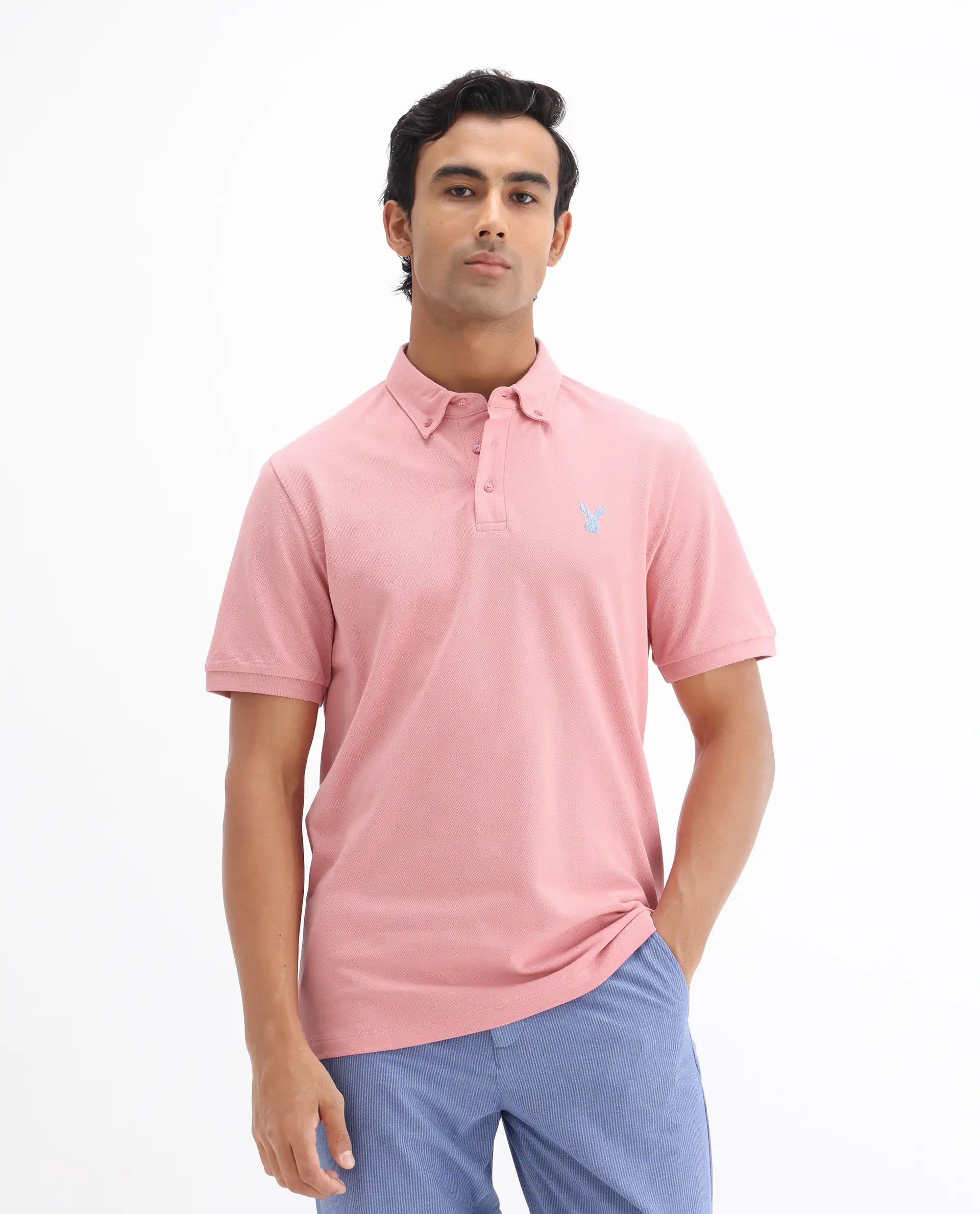 Rare Rabbit Men's Face Light Pink Cotton Embroidered Regular Fit Half Sleeve Polo