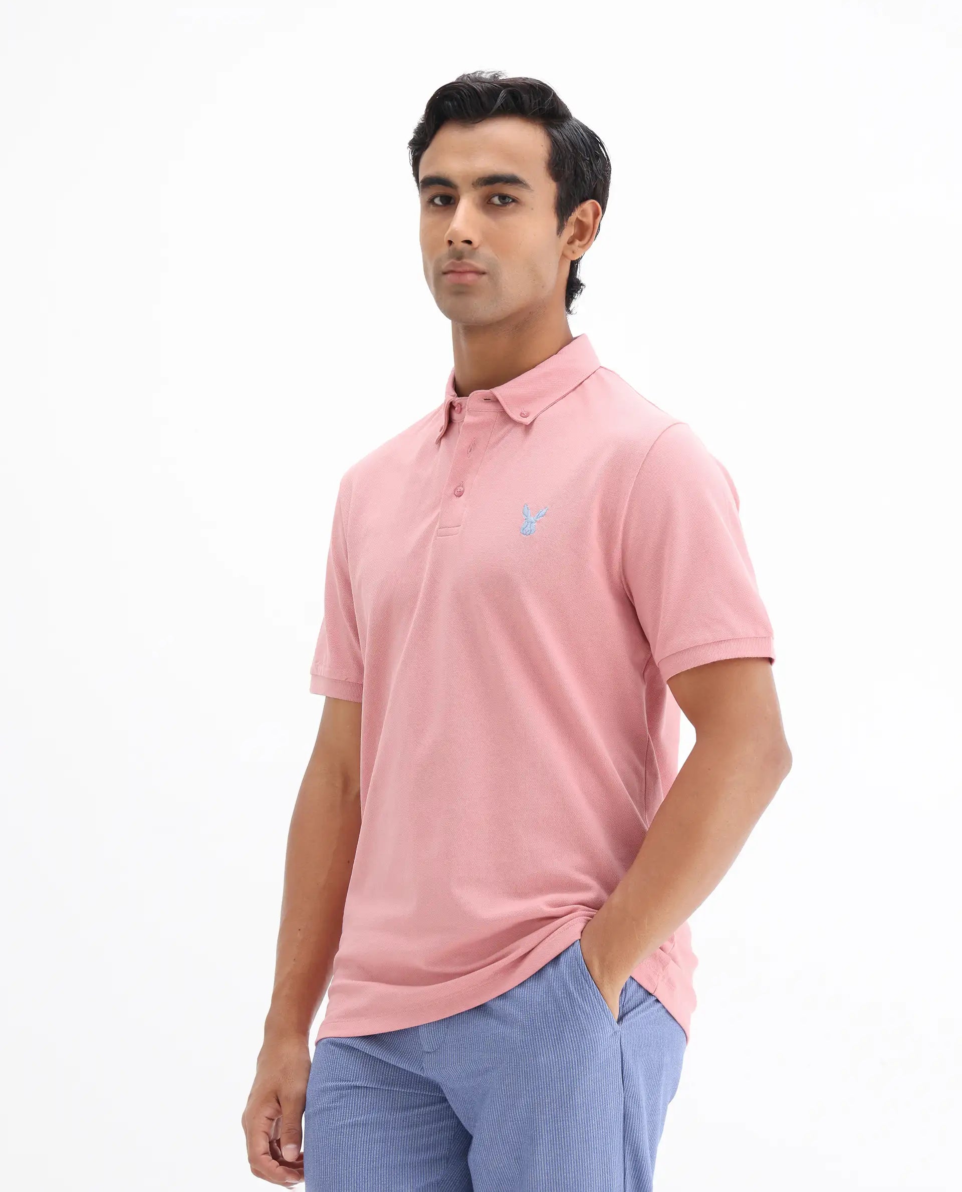 Rare Rabbit Men's Face Light Pink Cotton Embroidered Regular Fit Half Sleeve Polo