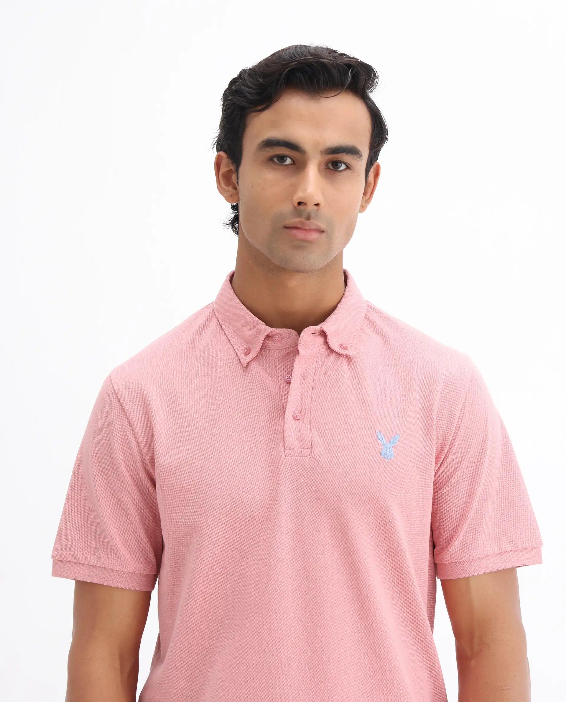 Rare Rabbit Men's Face Light Pink Cotton Embroidered Regular Fit Half Sleeve Polo