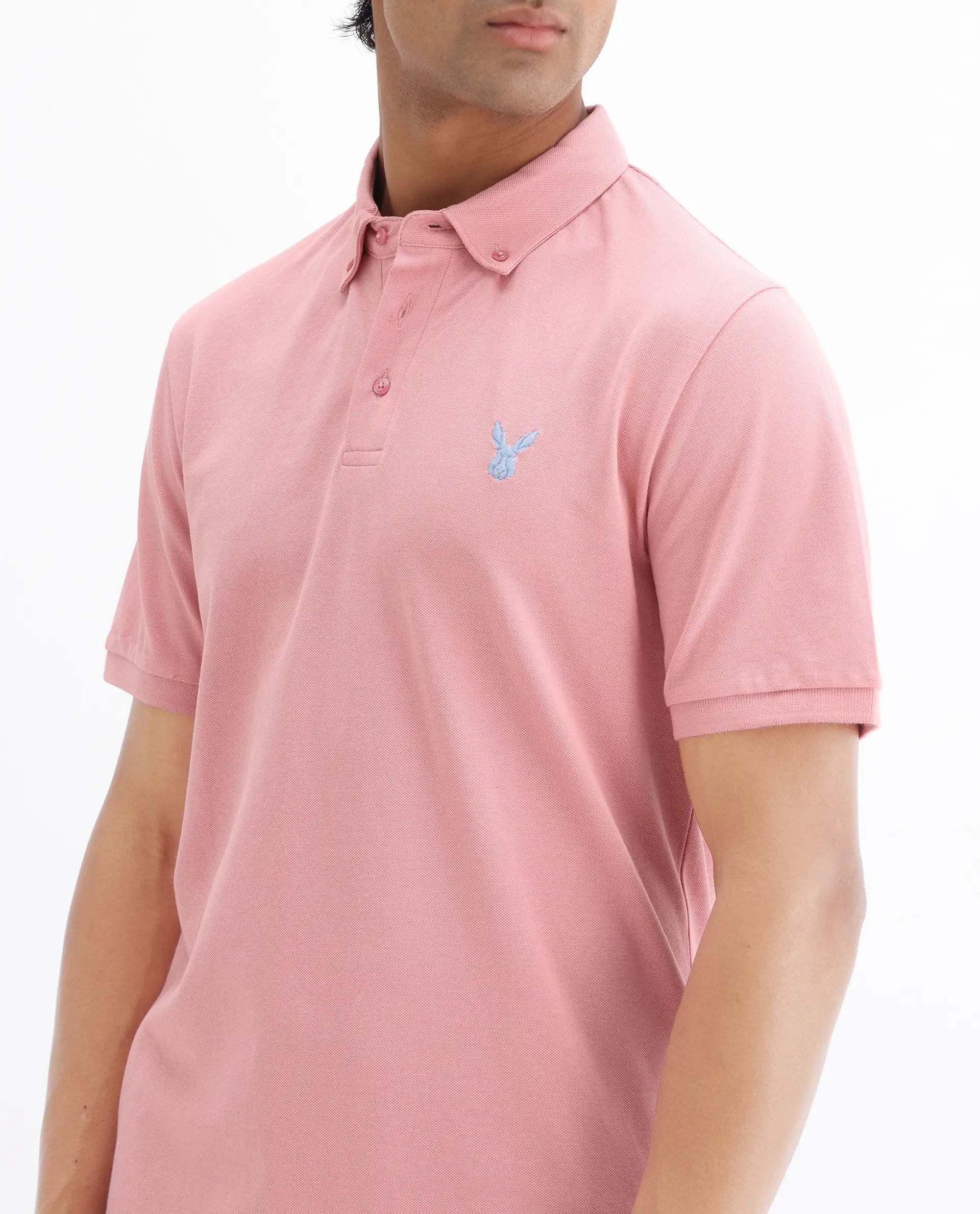Rare Rabbit Men's Face Light Pink Cotton Embroidered Regular Fit Half Sleeve Polo