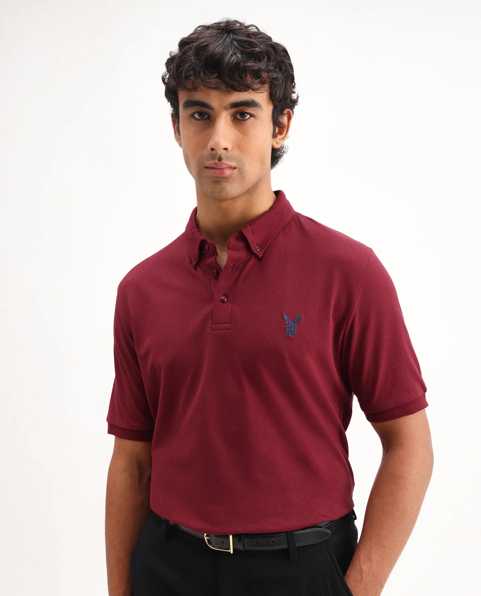 Rare Rabbit Men's Face Red Cotton Embroidered Regular Fit Half Sleeve Polo