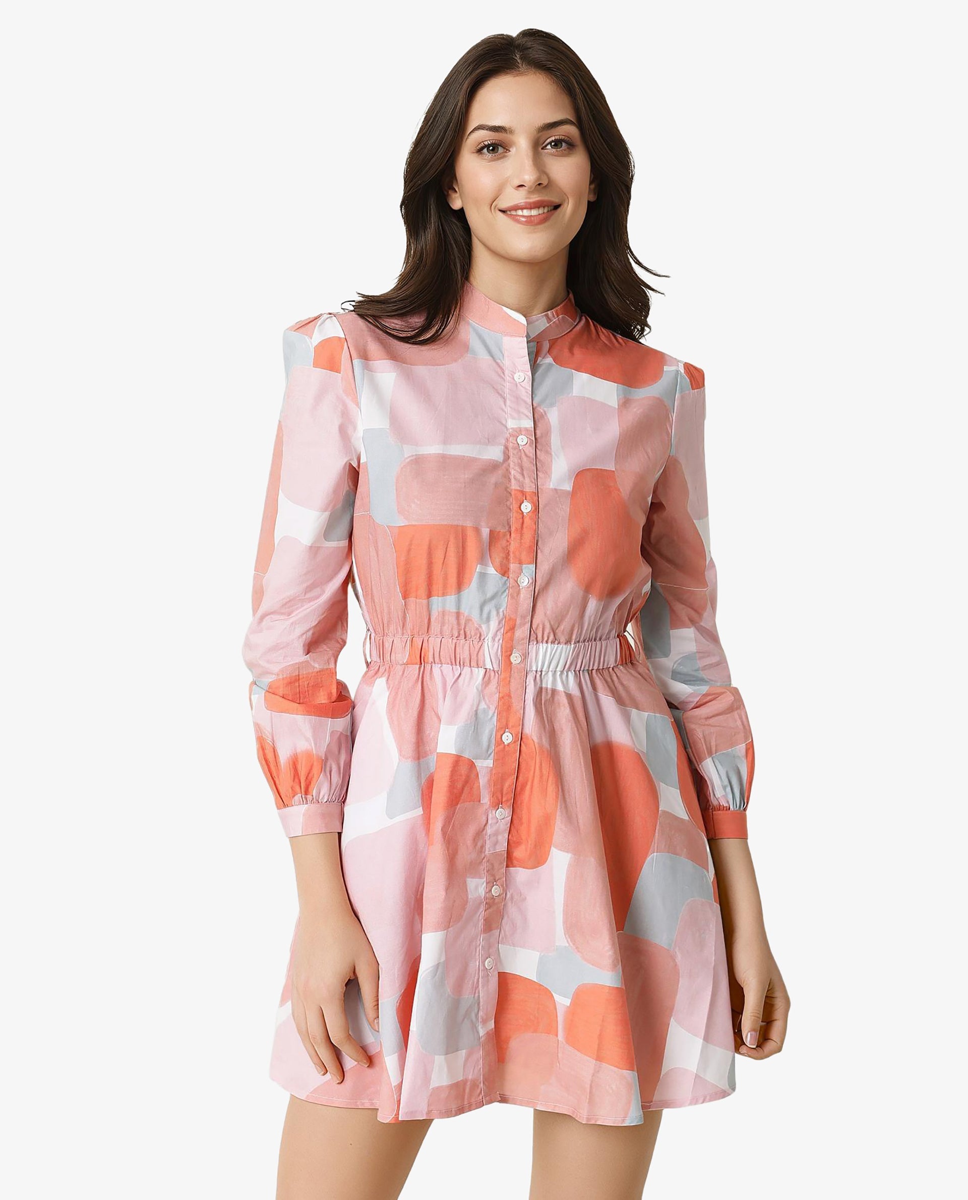 Rareism Women Faces Peach Abstract Print Mandarin Collar Full Sleeves With Front Full Button Placket And Pockets Mini Dress