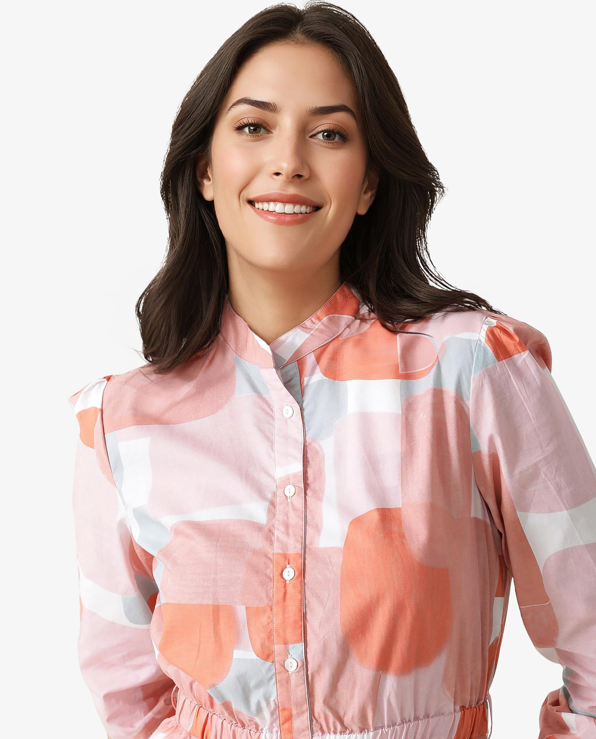 Rareism Women Faces Peach Abstract Print Mandarin Collar Full Sleeves With Front Full Button Placket And Pockets Mini Dress
