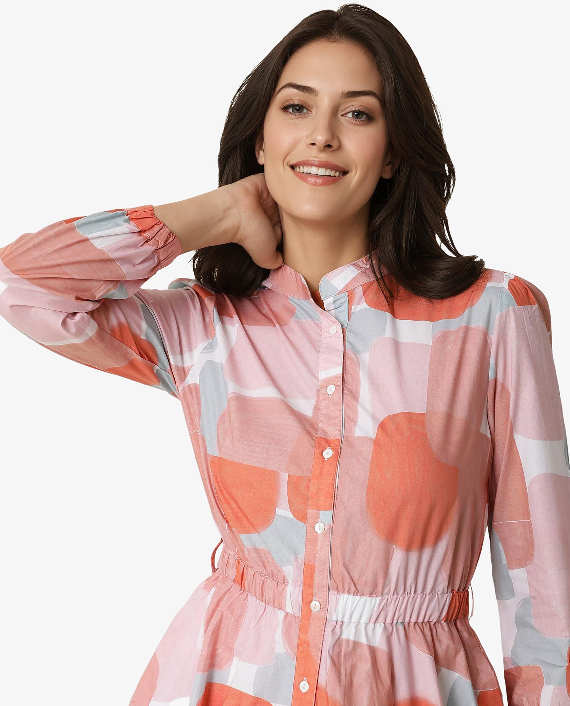 Rareism Women Faces Peach Abstract Print Mandarin Collar Full Sleeves With Front Full Button Placket And Pockets Mini Dress