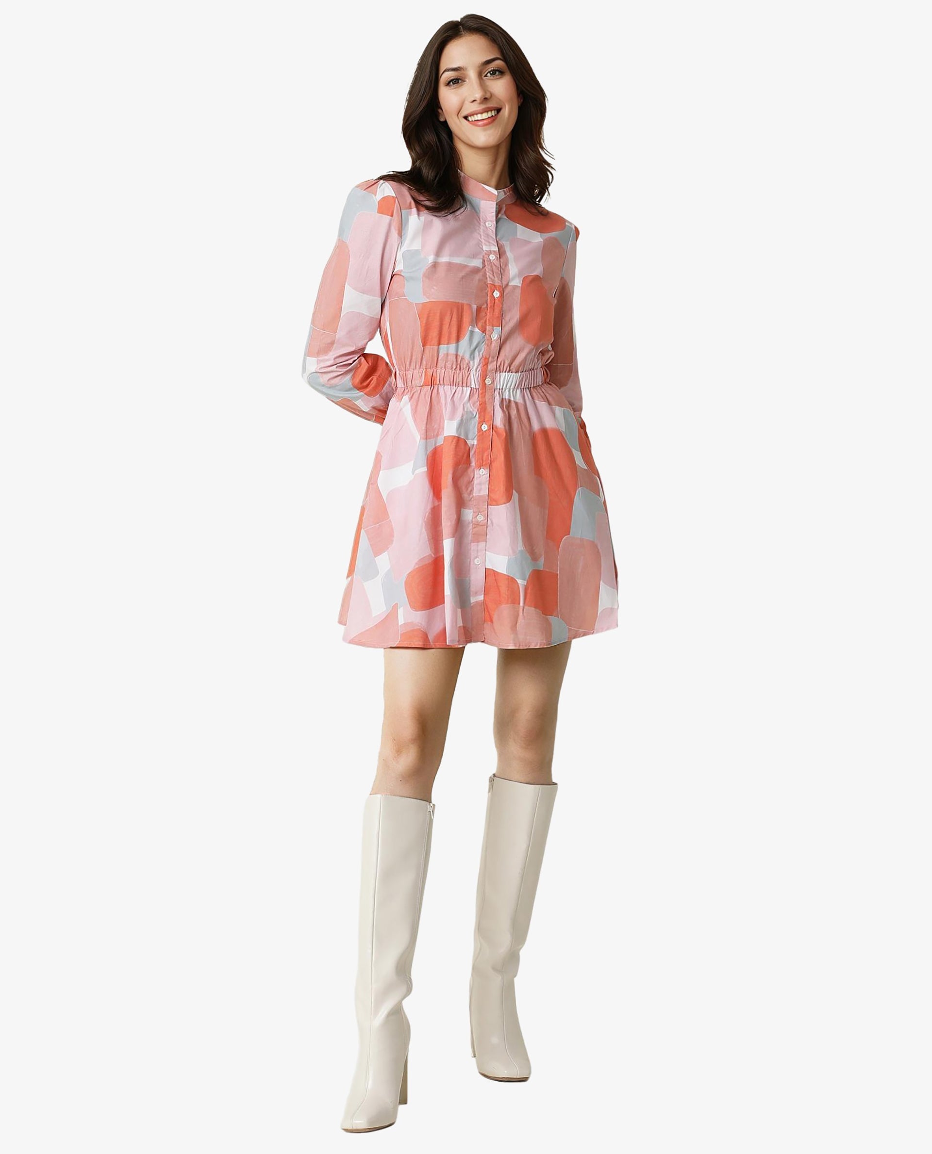 Rareism Women Faces Peach Abstract Print Mandarin Collar Full Sleeves With Front Full Button Placket And Pockets Mini Dress