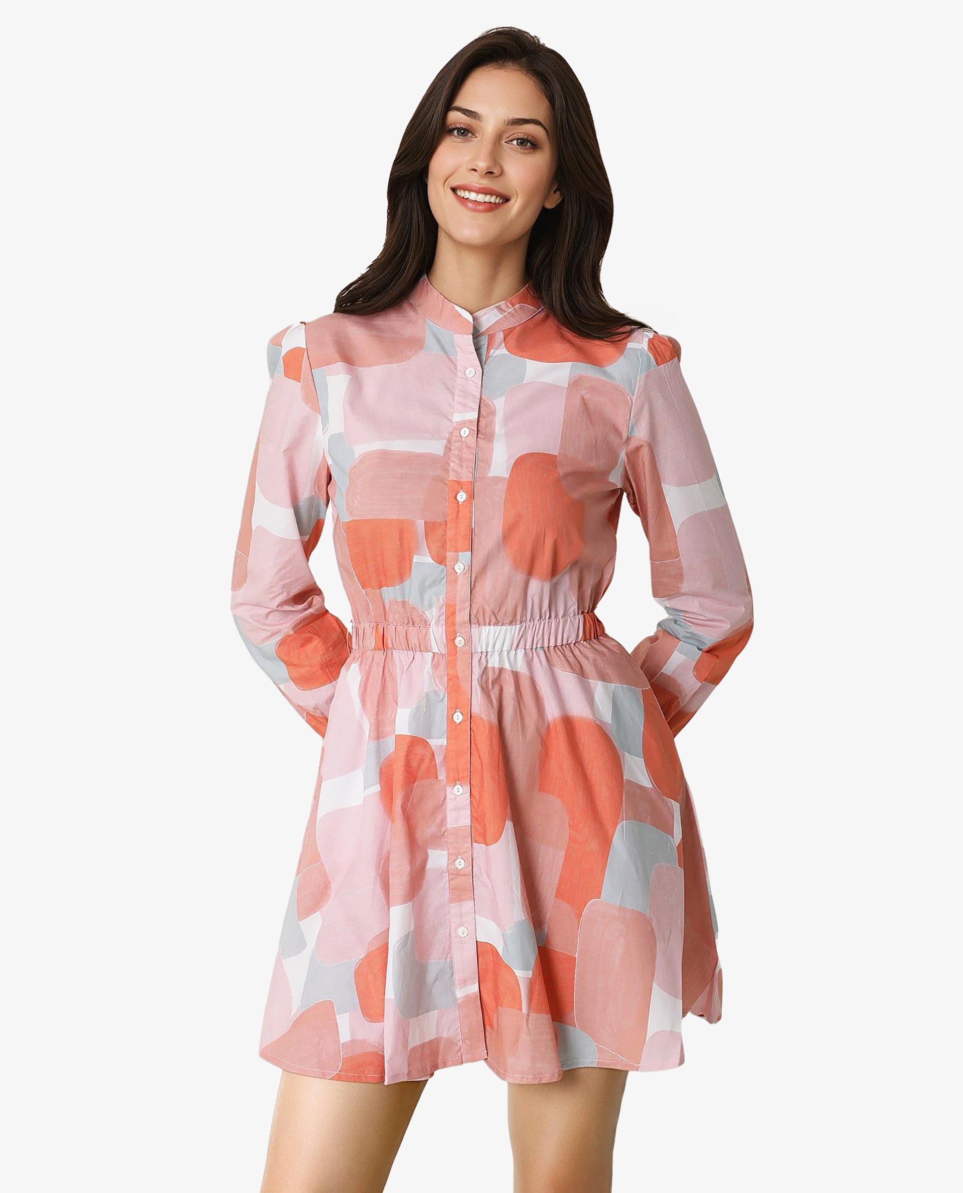Rareism Women Faces Peach Abstract Print Mandarin Collar Full Sleeves With Front Full Button Placket And Pockets Mini Dress