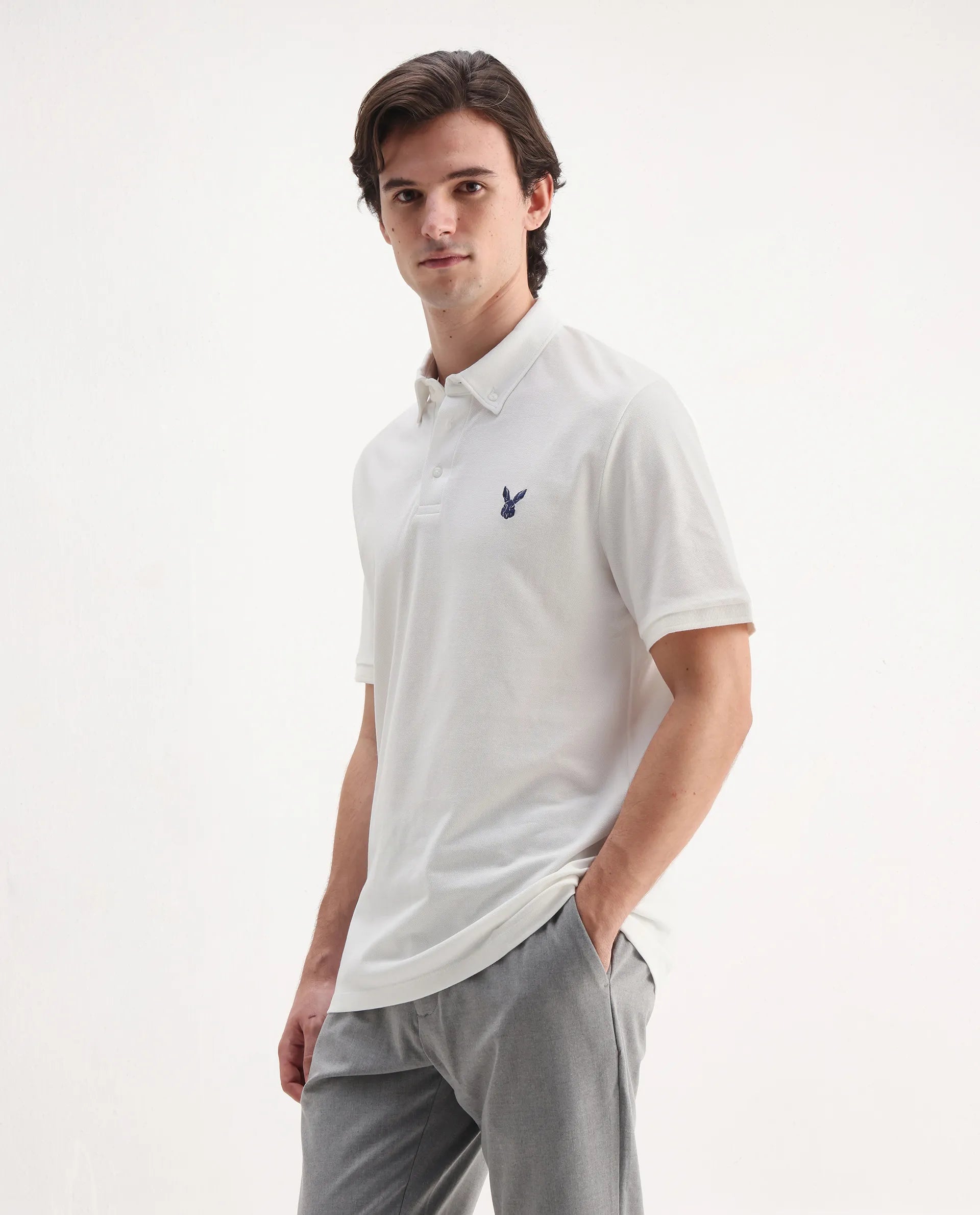 Rare Rabbit Men's Face White Cotton Embroidered Regular Fit Half Sleeve Polo