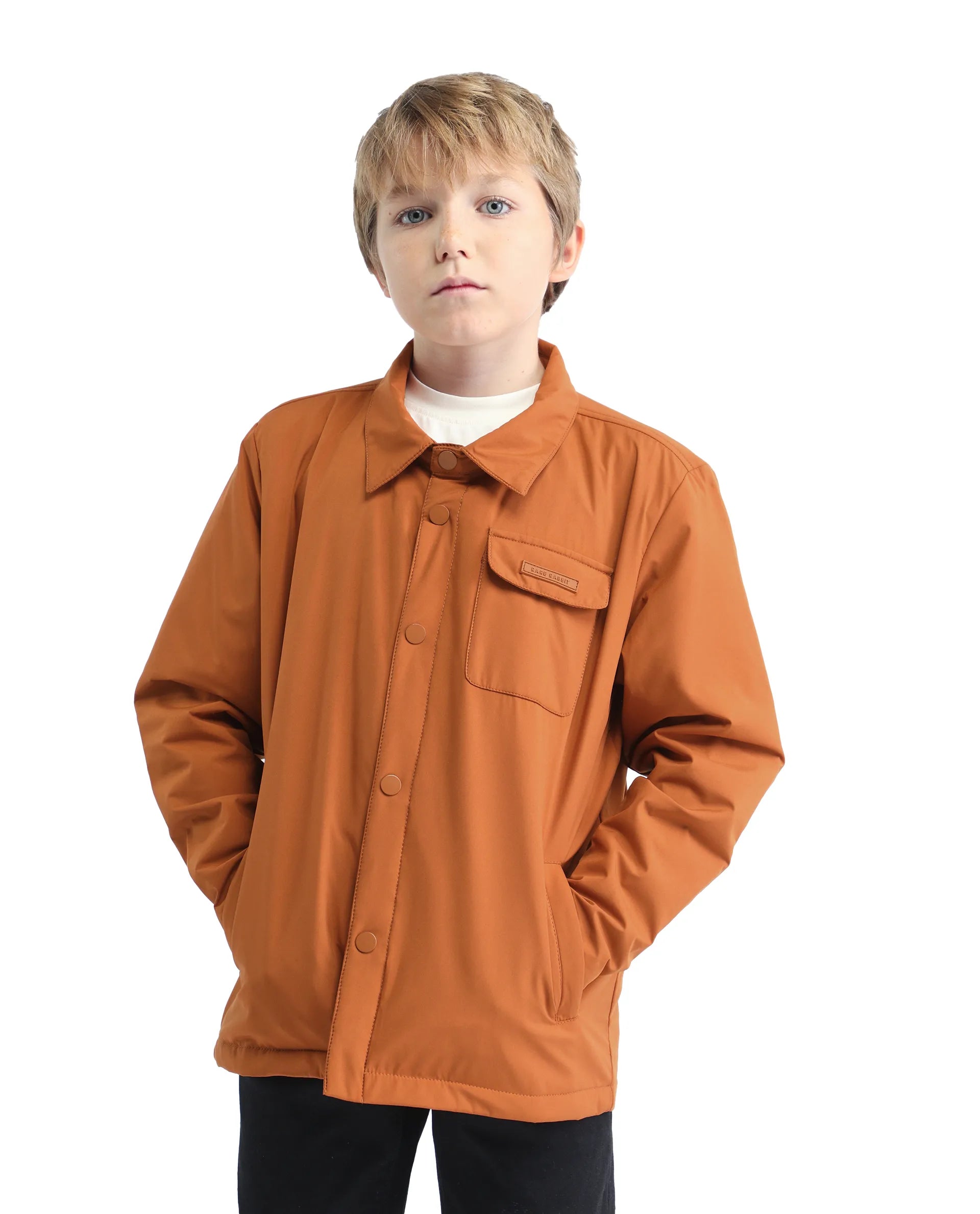 Rare Ones Kids Fagu-K Orange Polyester Button Closure Flat Collar Plain Full Sleeves Regular Fit Jacket