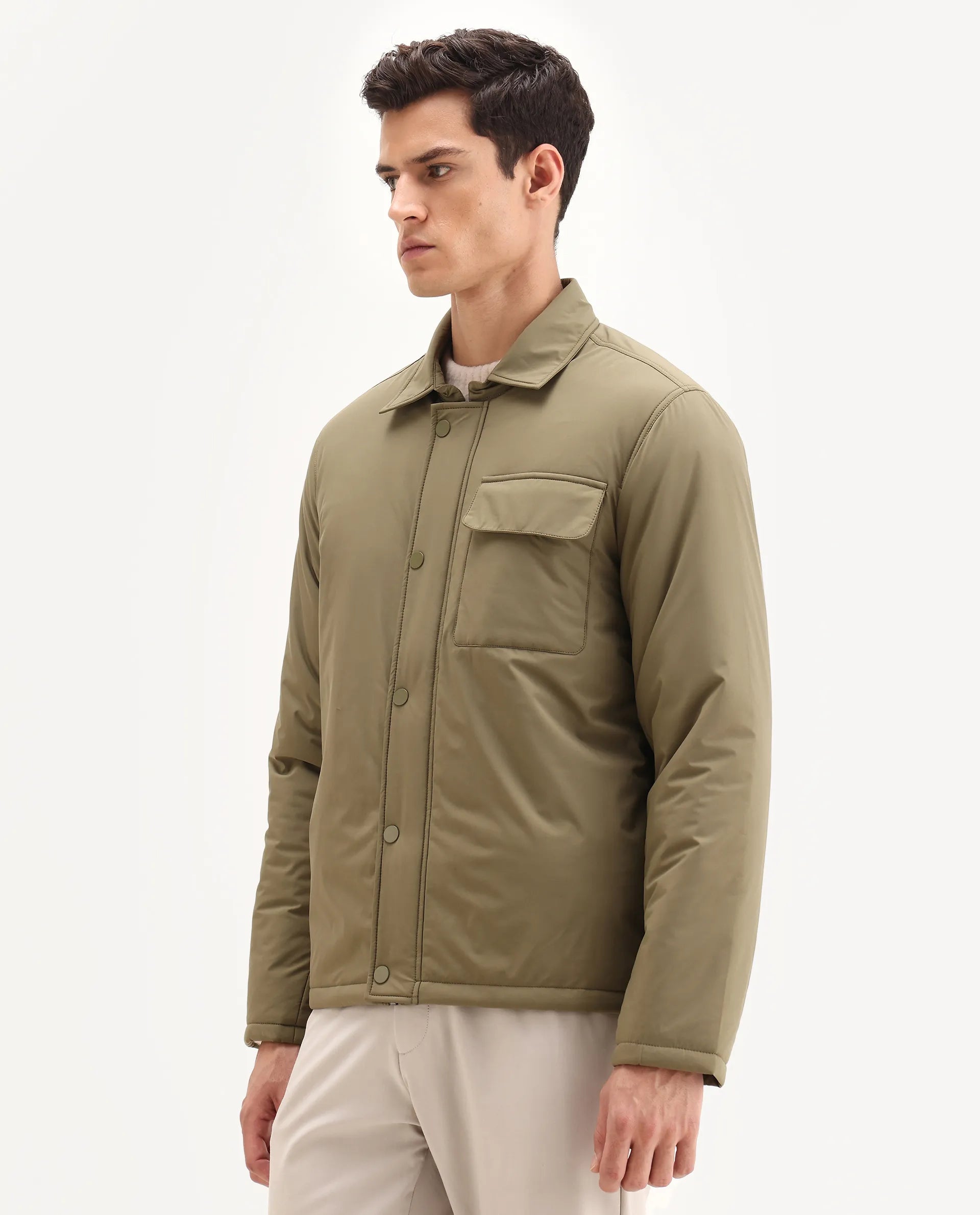 Rare Rabbit Men's Fagu-25 Olive Polyester Blend Fabric Collared Neck Relaxed Fit Plain Jacket
