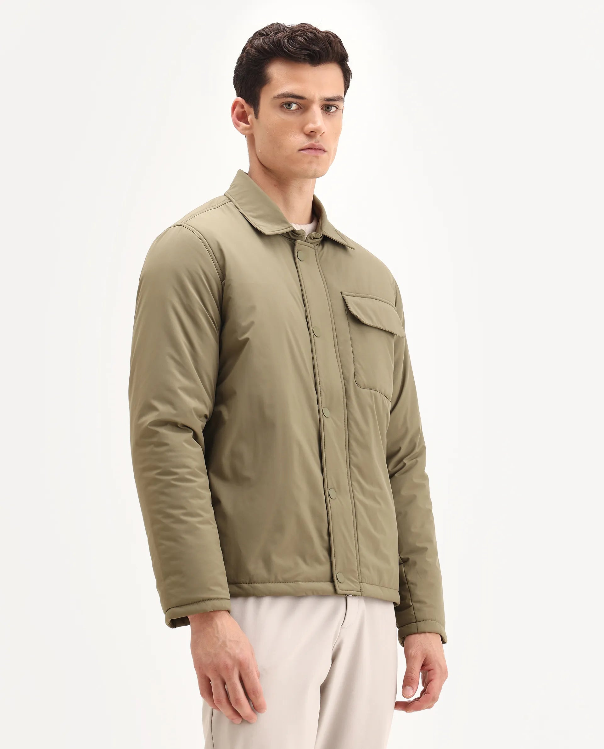 Rare Rabbit Men's Fagu-25 Olive Polyester Blend Fabric Collared Neck Relaxed Fit Plain Jacket