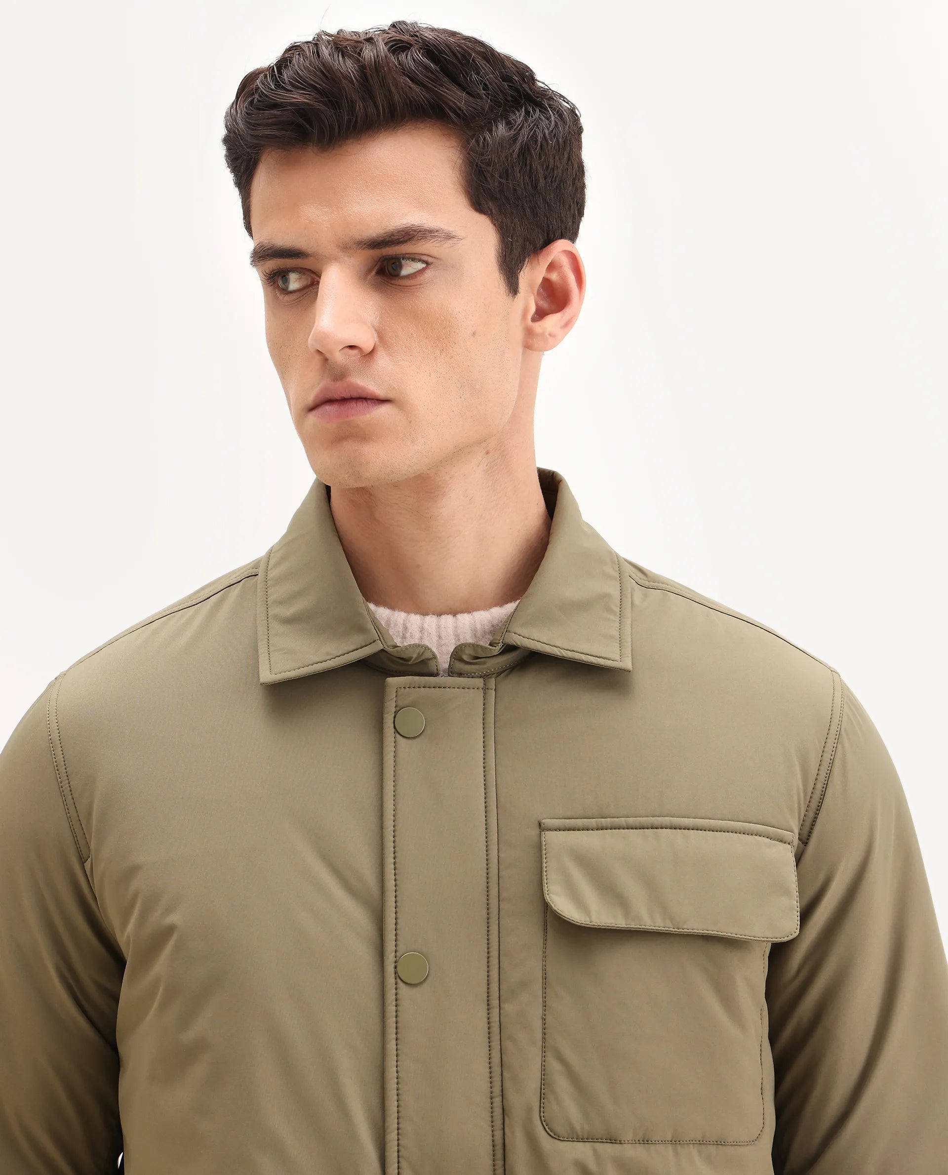 Rare Rabbit Men's Fagu-25 Olive Polyester Blend Fabric Collared Neck Relaxed Fit Plain Jacket