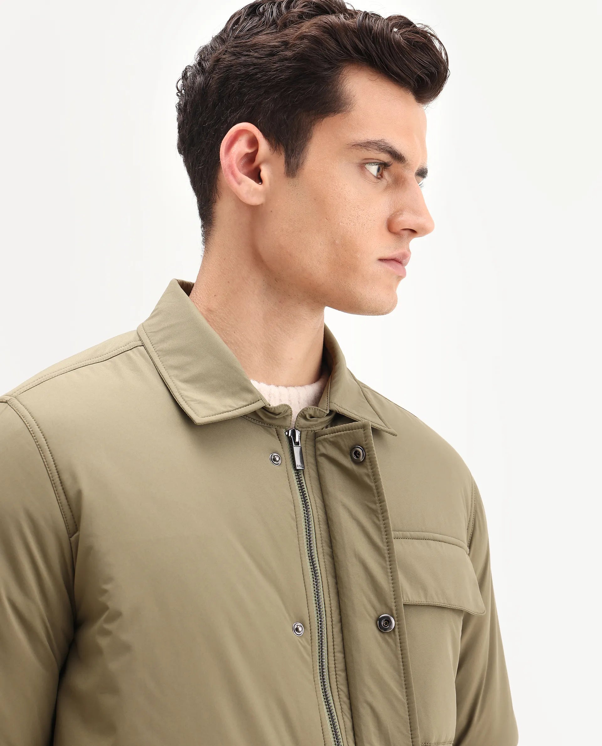 Rare Rabbit Men's Fagu-25 Olive Polyester Blend Fabric Collared Neck Relaxed Fit Plain Jacket