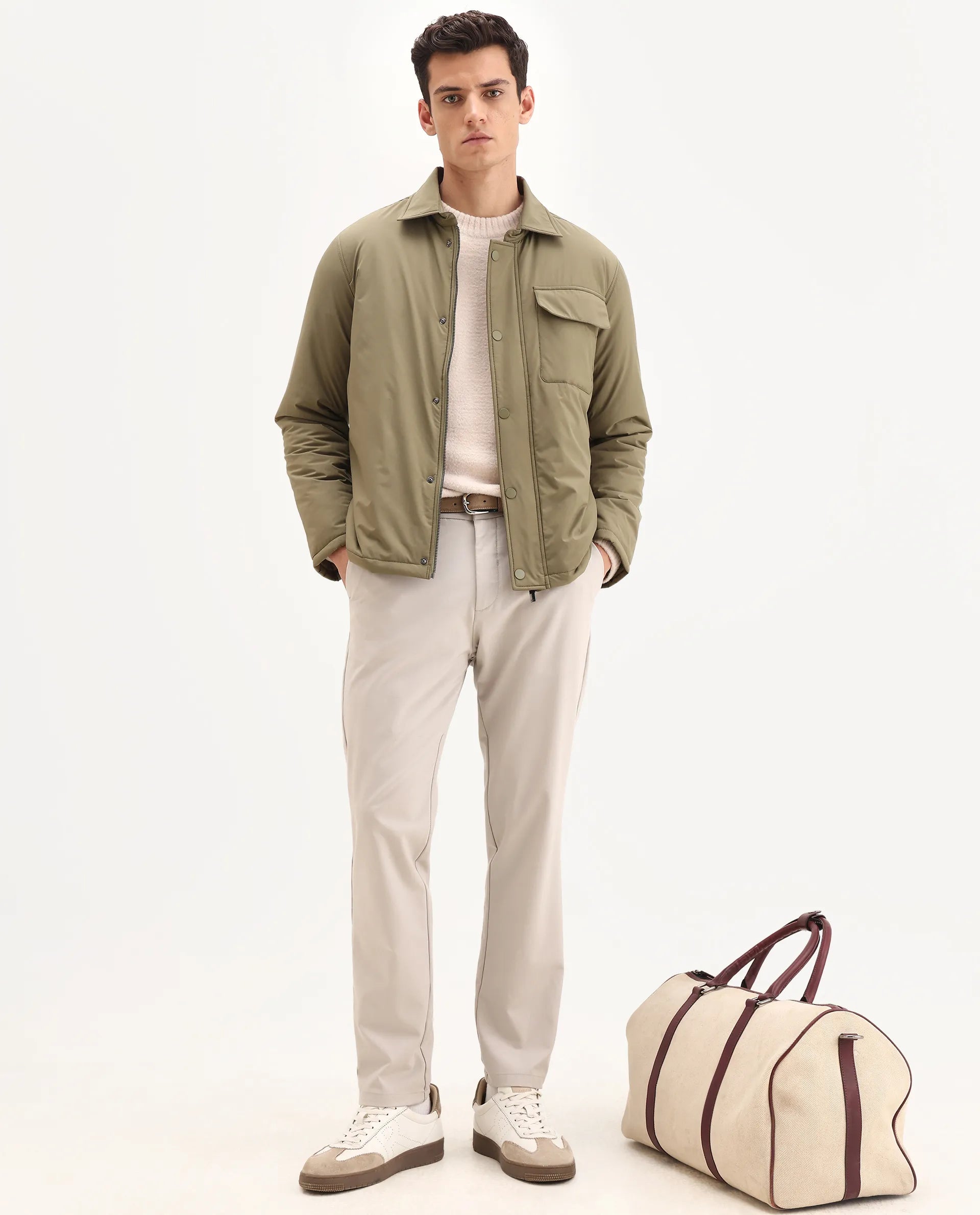 Rare Rabbit Men's Fagu-25 Olive Polyester Blend Fabric Collared Neck Relaxed Fit Plain Jacket